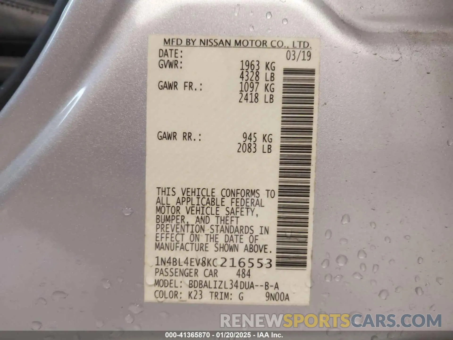 9 Photograph of a damaged car 1N4BL4EV8KC216553 NISSAN ALTIMA 2019