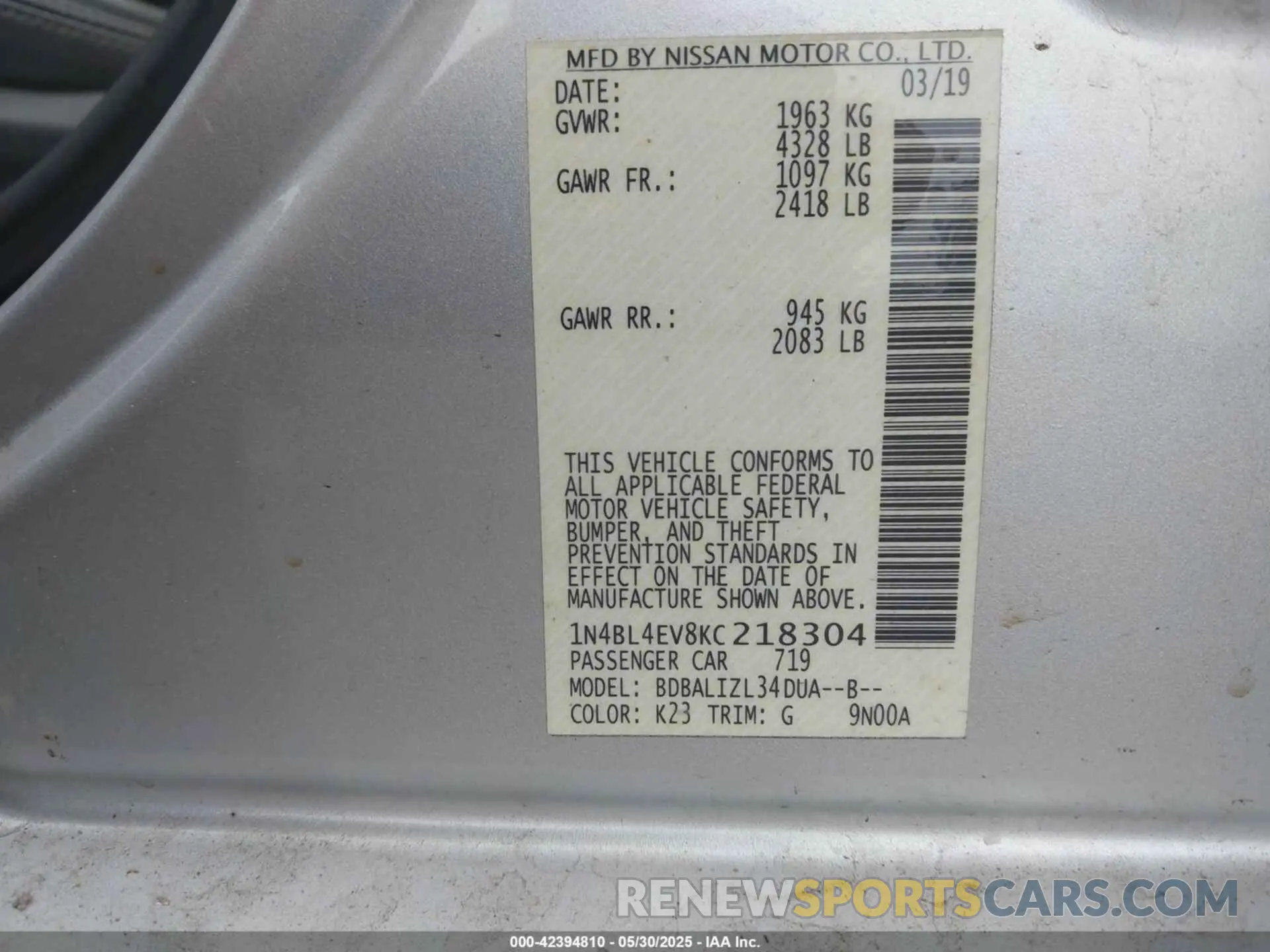 9 Photograph of a damaged car 1N4BL4EV8KC218304 NISSAN ALTIMA 2019