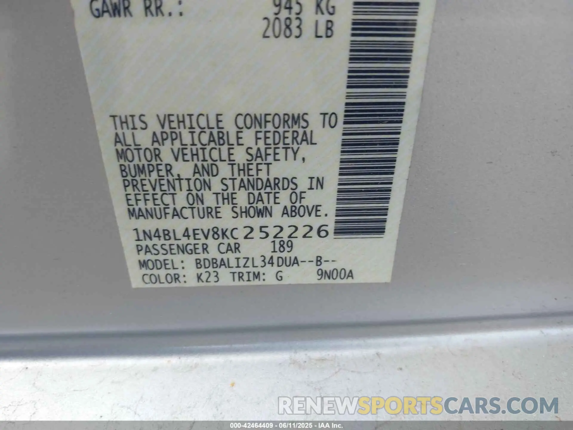 9 Photograph of a damaged car 1N4BL4EV8KC252226 NISSAN ALTIMA 2019