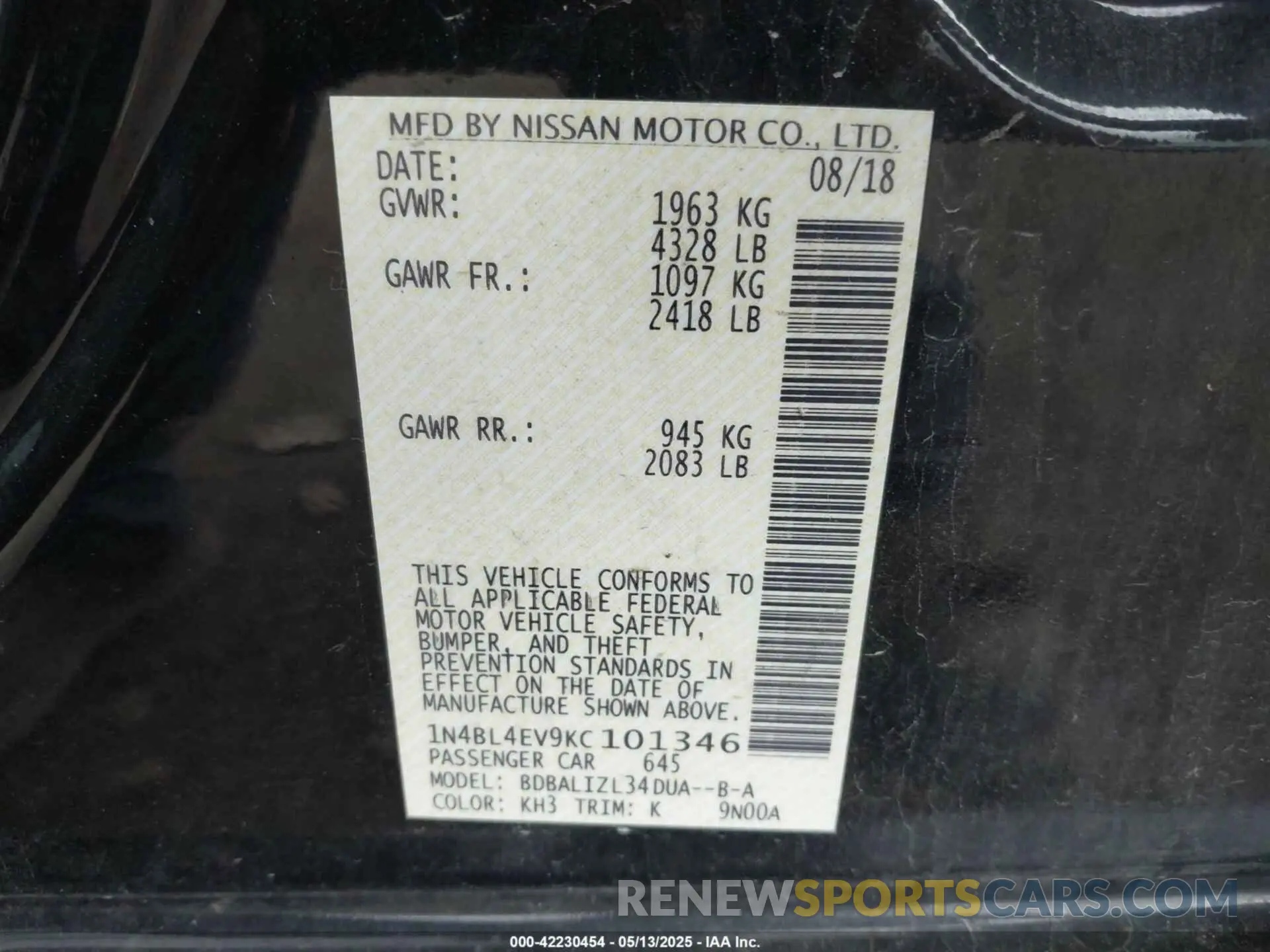 9 Photograph of a damaged car 1N4BL4EV9KC101346 NISSAN ALTIMA 2019