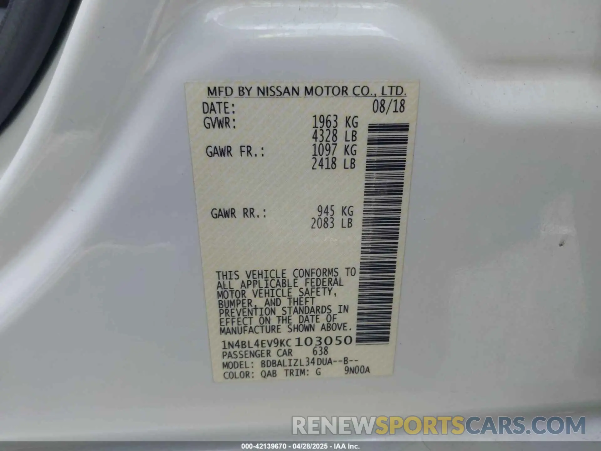 9 Photograph of a damaged car 1N4BL4EV9KC103050 NISSAN ALTIMA 2019