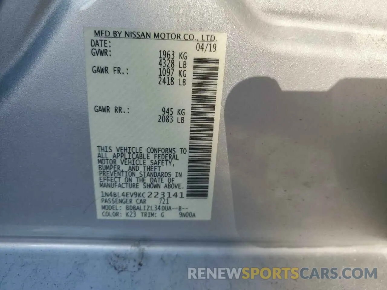 12 Photograph of a damaged car 1N4BL4EV9KC223141 NISSAN ALTIMA 2019
