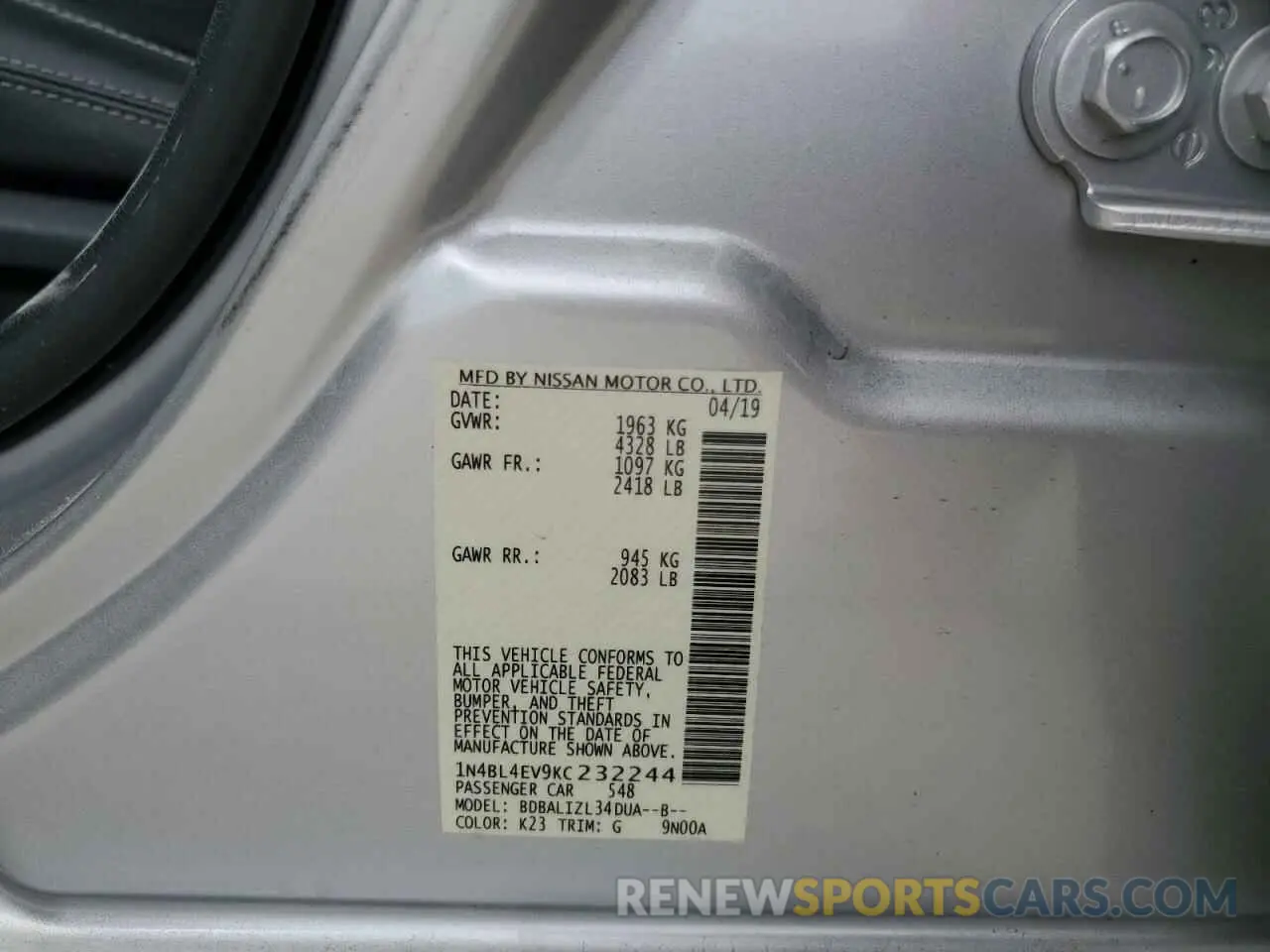 12 Photograph of a damaged car 1N4BL4EV9KC232244 NISSAN ALTIMA 2019