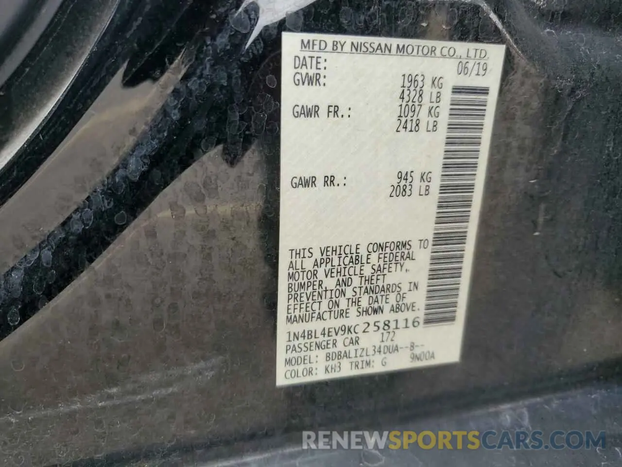 14 Photograph of a damaged car 1N4BL4EV9KC258116 NISSAN ALTIMA 2019