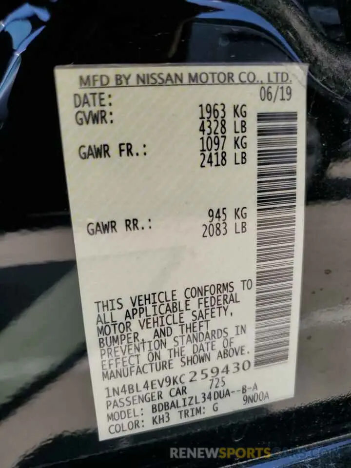 12 Photograph of a damaged car 1N4BL4EV9KC259430 NISSAN ALTIMA 2019
