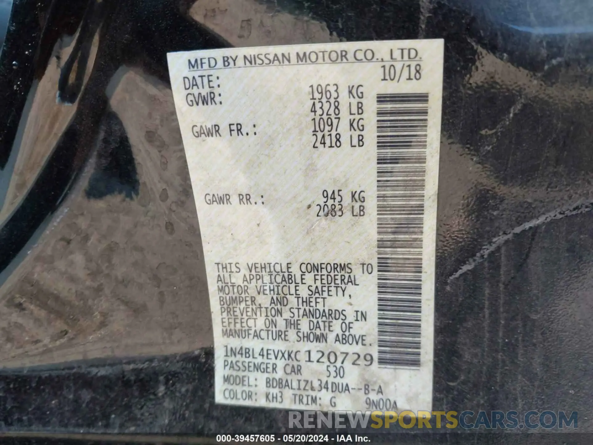 9 Photograph of a damaged car 1N4BL4EVXKC120729 NISSAN ALTIMA 2019