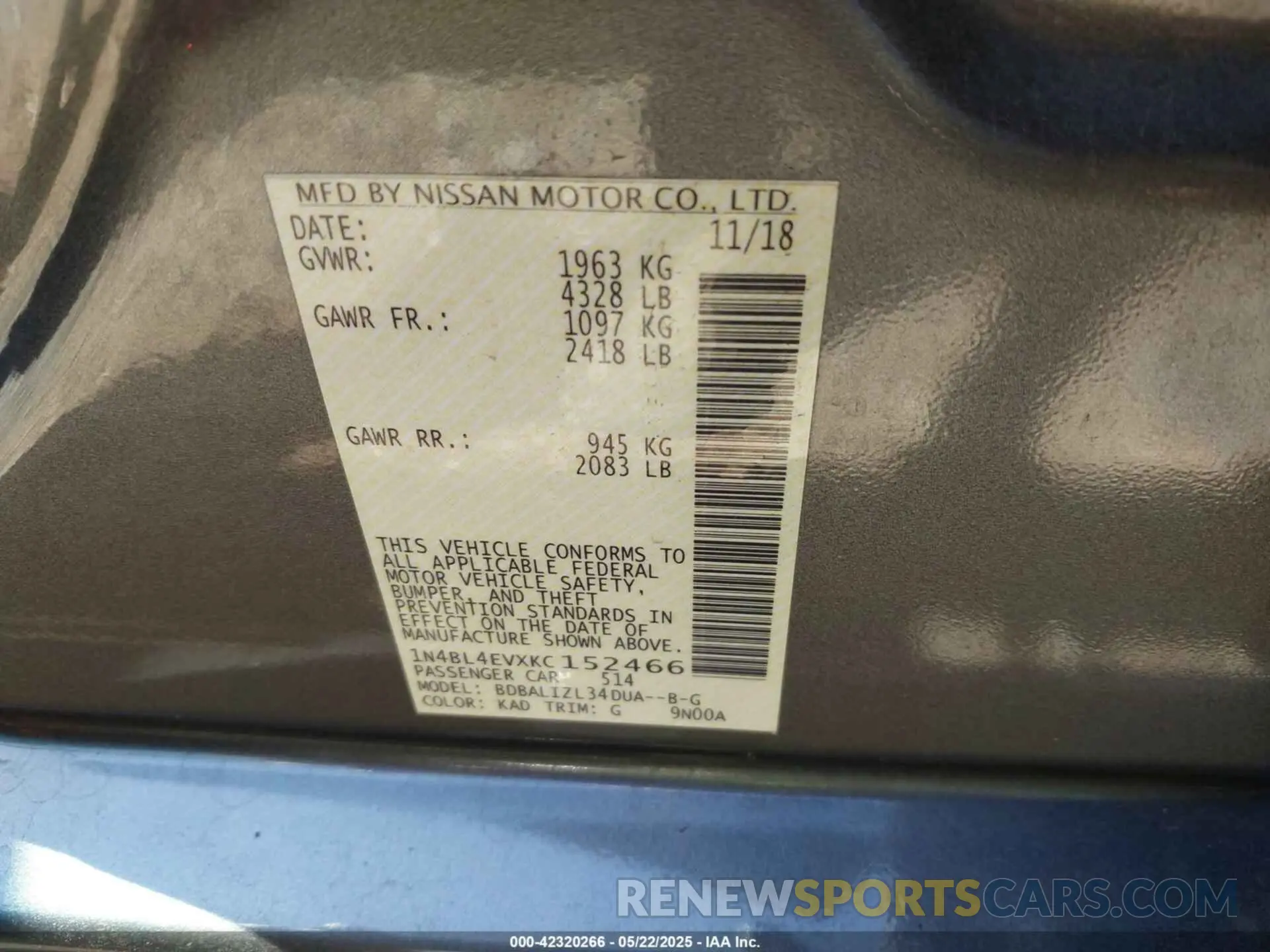 9 Photograph of a damaged car 1N4BL4EVXKC152466 NISSAN ALTIMA 2019