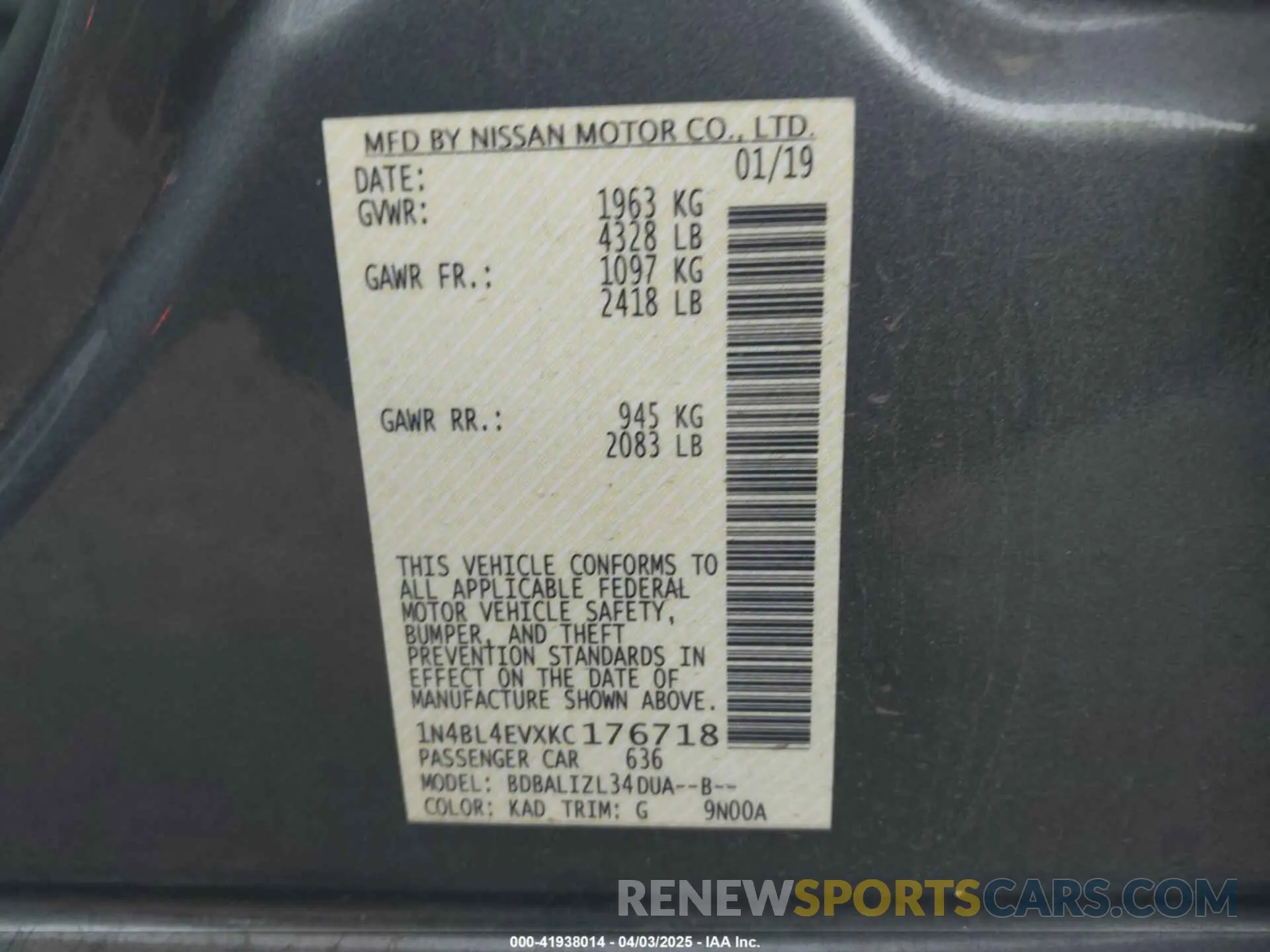 9 Photograph of a damaged car 1N4BL4EVXKC176718 NISSAN ALTIMA 2019