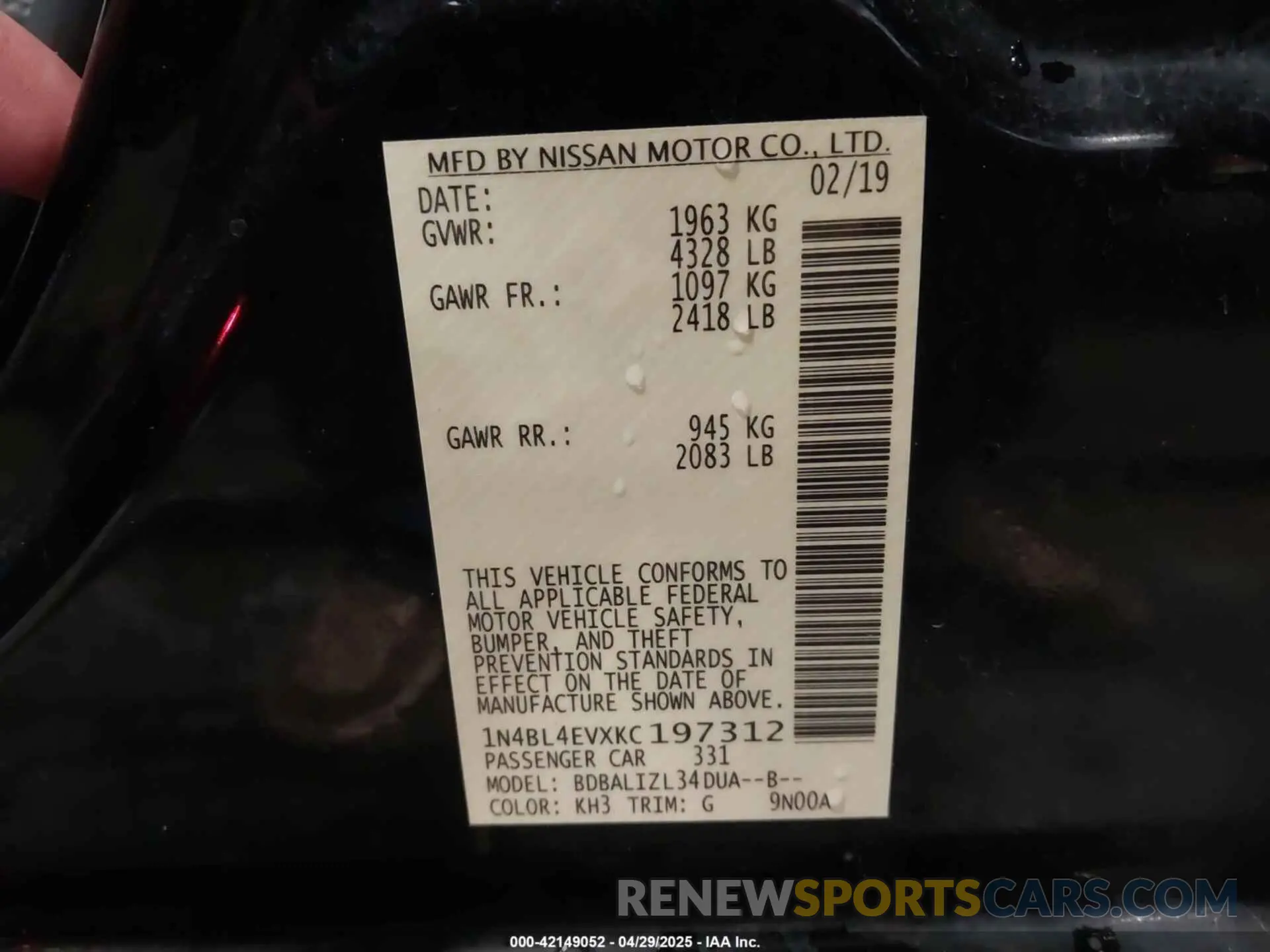 9 Photograph of a damaged car 1N4BL4EVXKC197312 NISSAN ALTIMA 2019