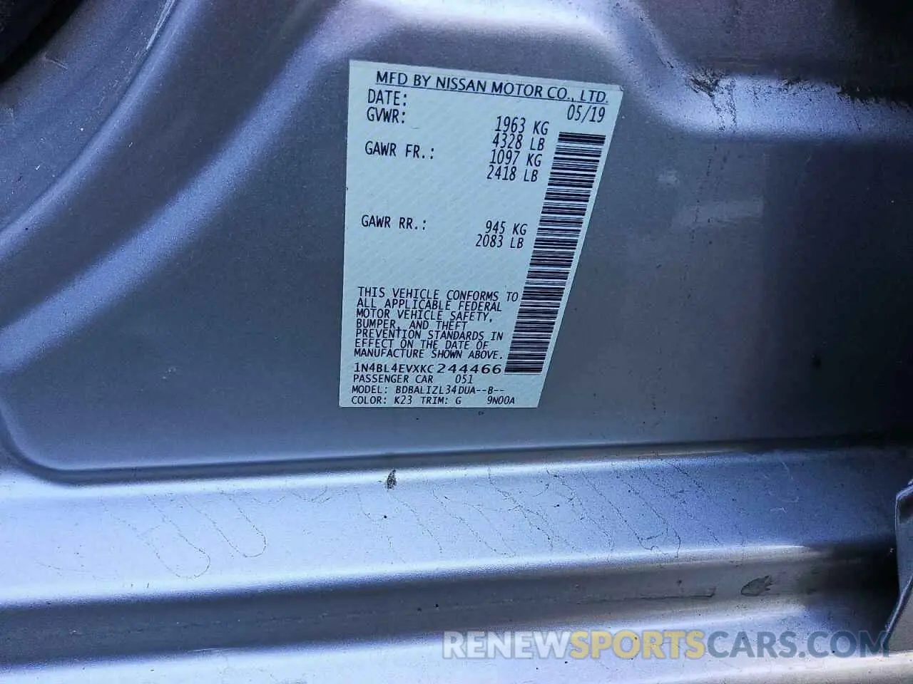 12 Photograph of a damaged car 1N4BL4EVXKC244466 NISSAN ALTIMA 2019