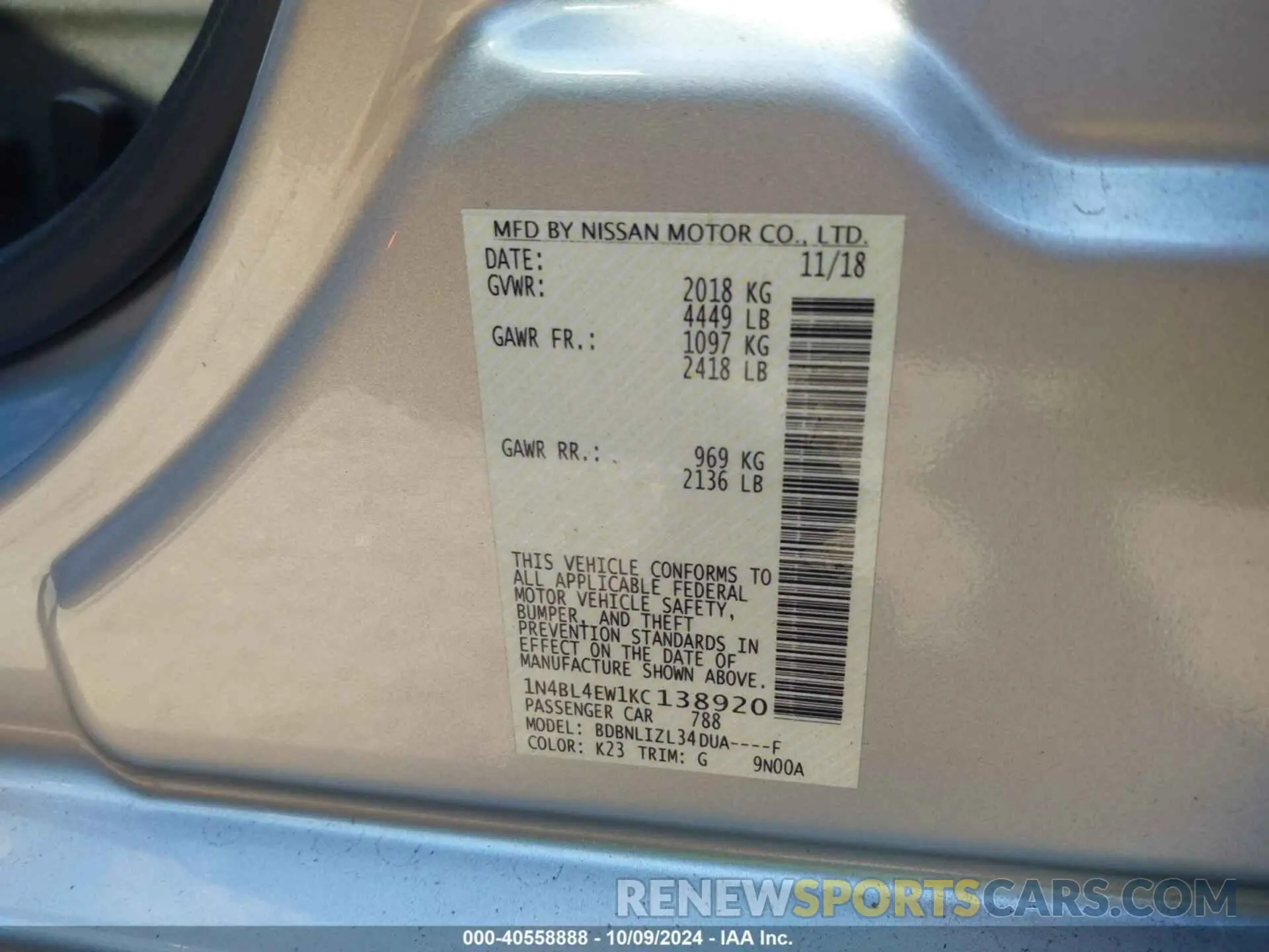 9 Photograph of a damaged car 1N4BL4EW1KC138920 NISSAN ALTIMA 2019