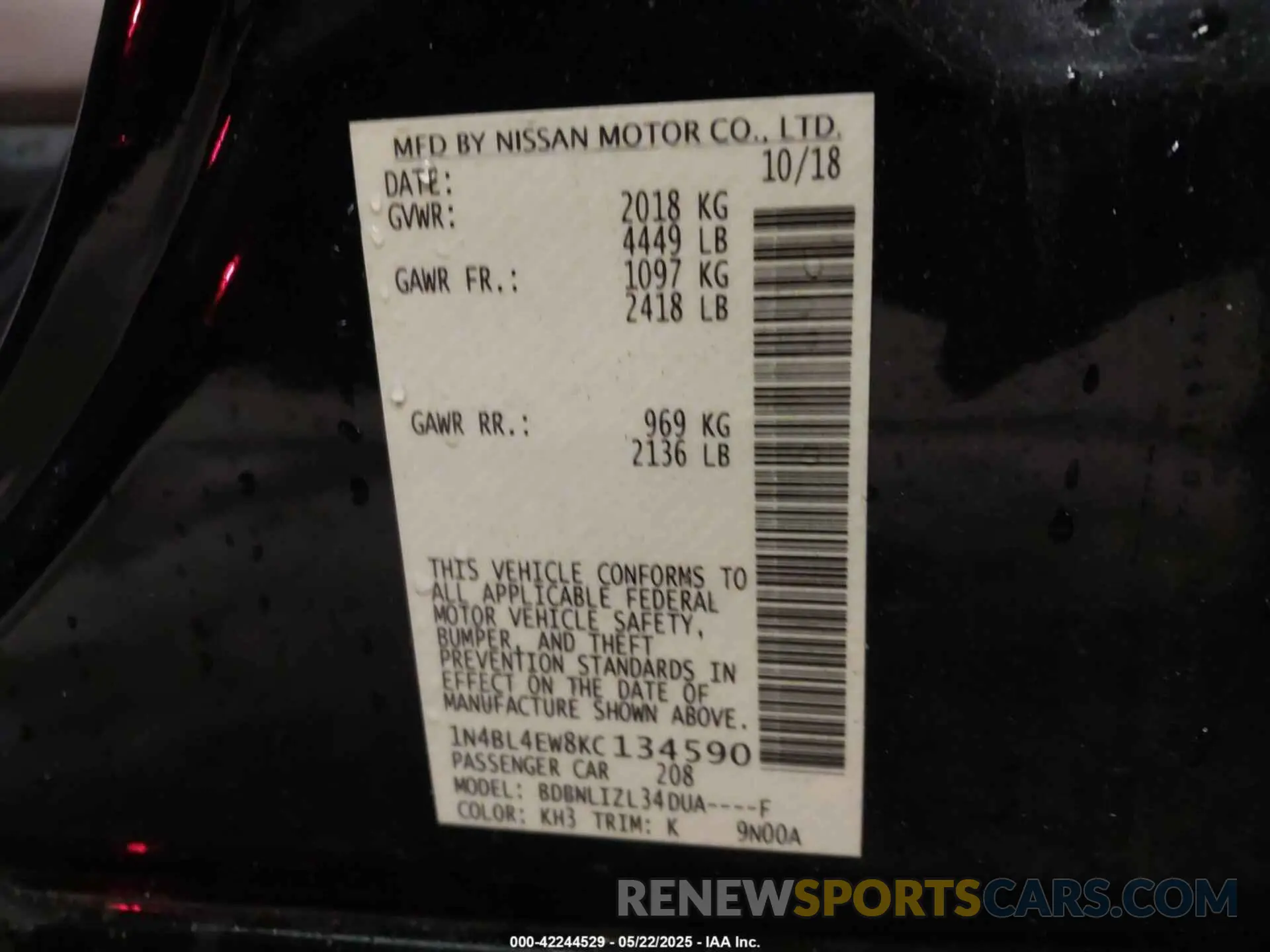 9 Photograph of a damaged car 1N4BL4EW8KC134590 NISSAN ALTIMA 2019