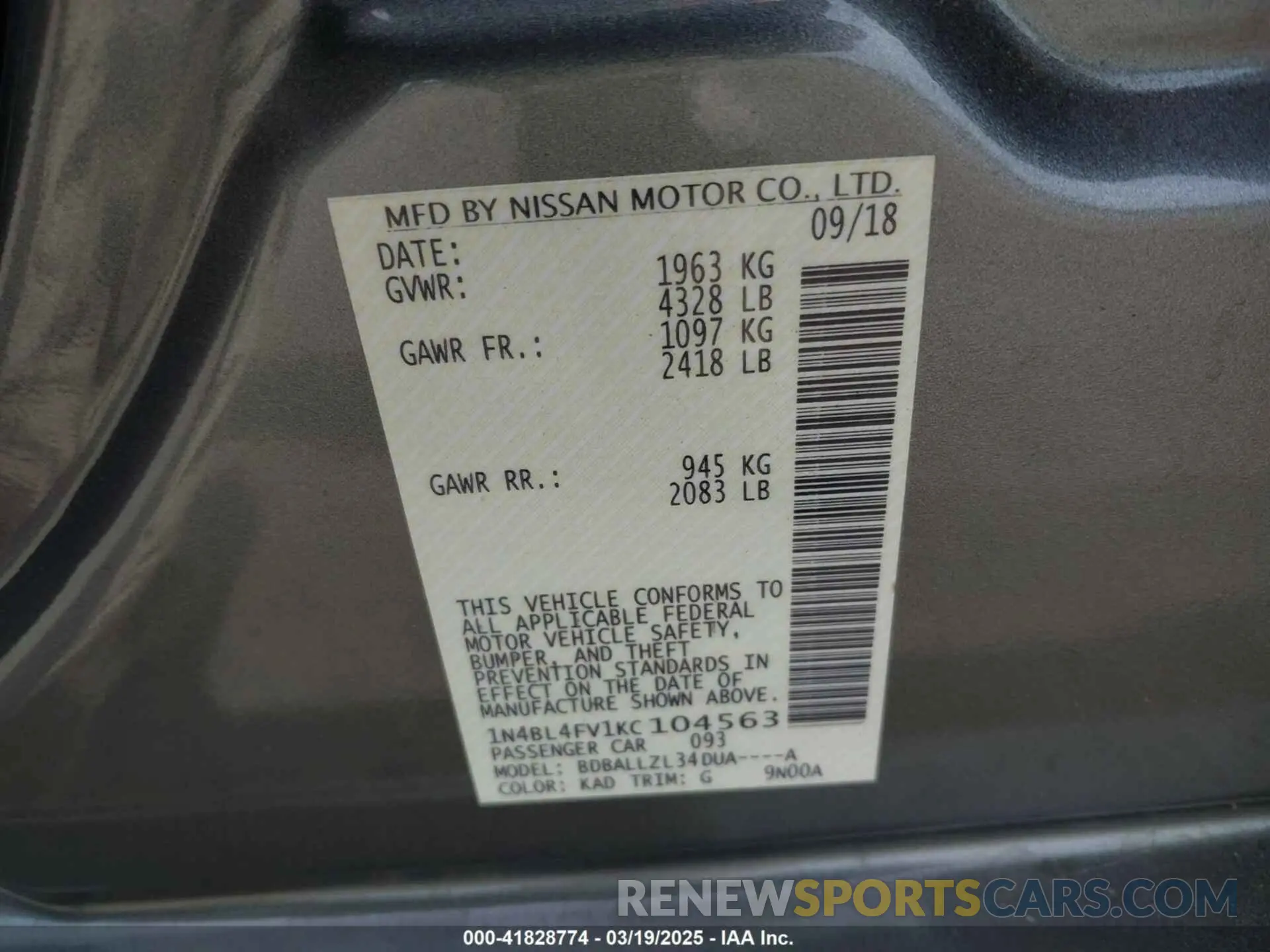 9 Photograph of a damaged car 1N4BL4FV1KC104563 NISSAN ALTIMA 2019