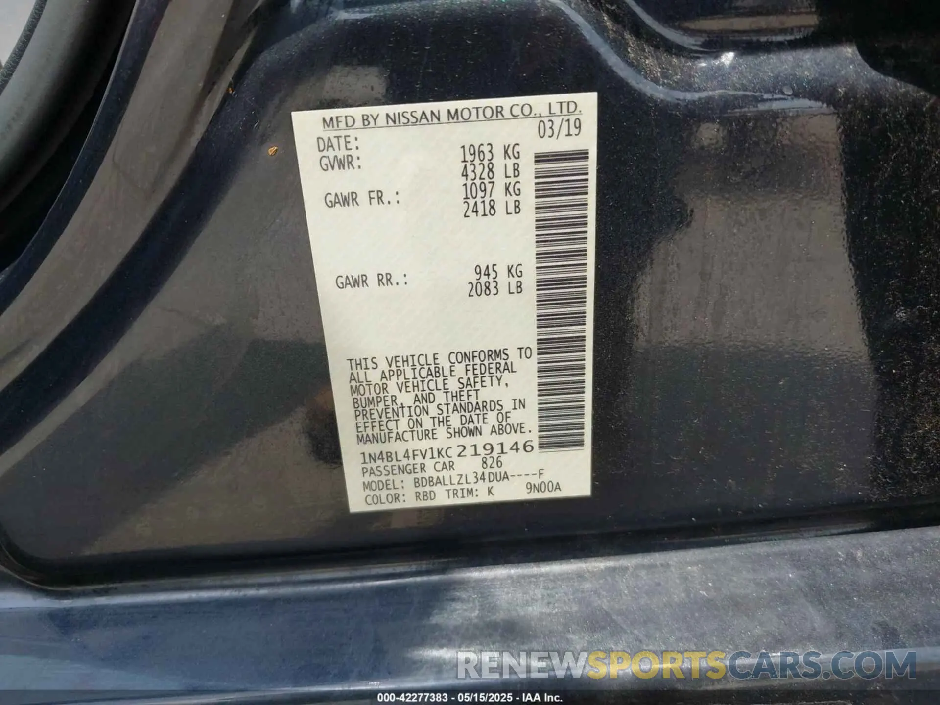 9 Photograph of a damaged car 1N4BL4FV1KC219146 NISSAN ALTIMA 2019