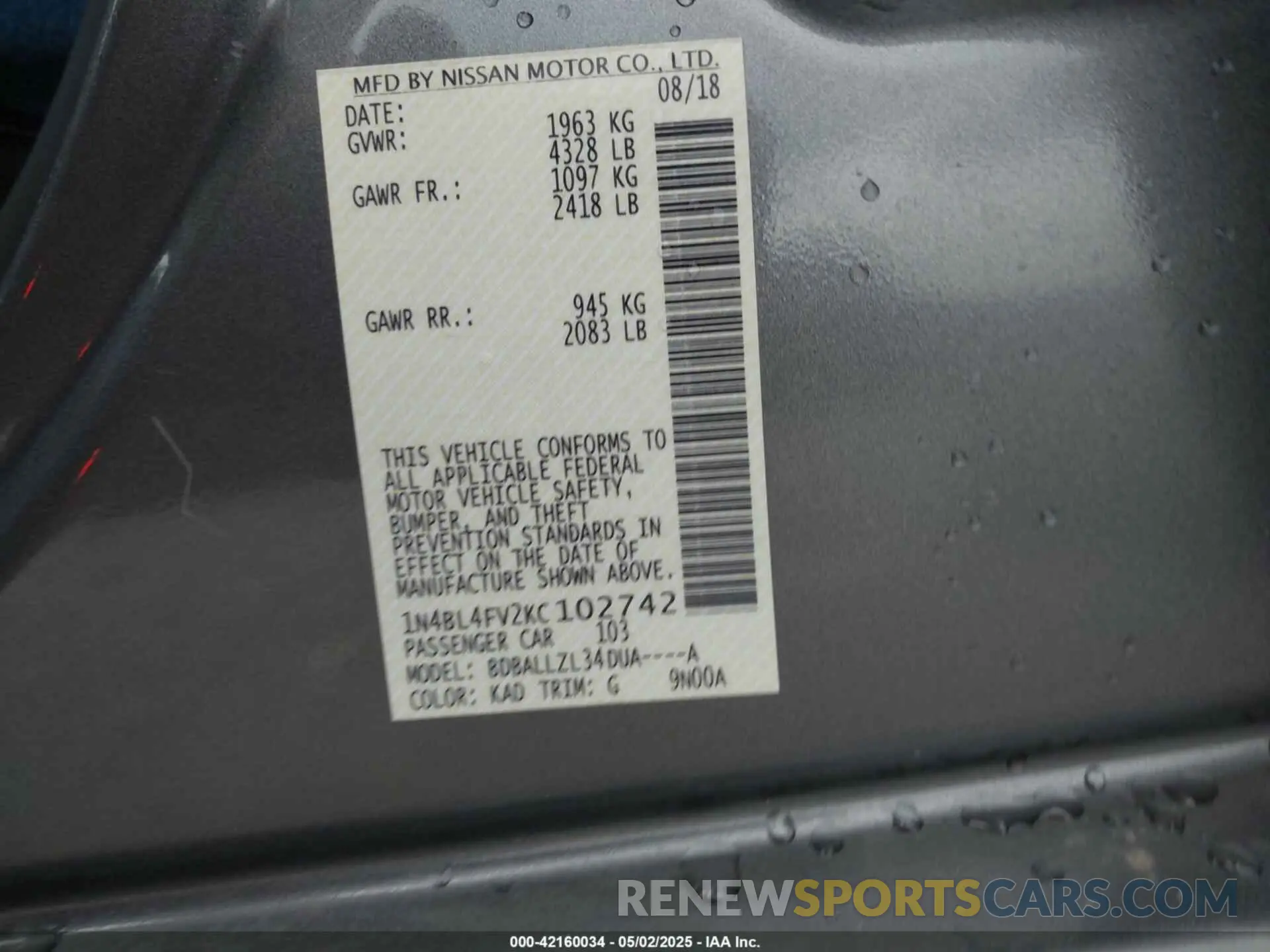 9 Photograph of a damaged car 1N4BL4FV2KC102742 NISSAN ALTIMA 2019