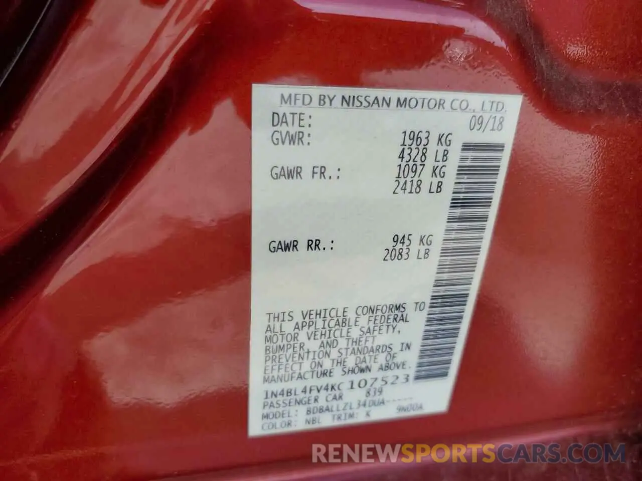 12 Photograph of a damaged car 1N4BL4FV4KC107523 NISSAN ALTIMA 2019
