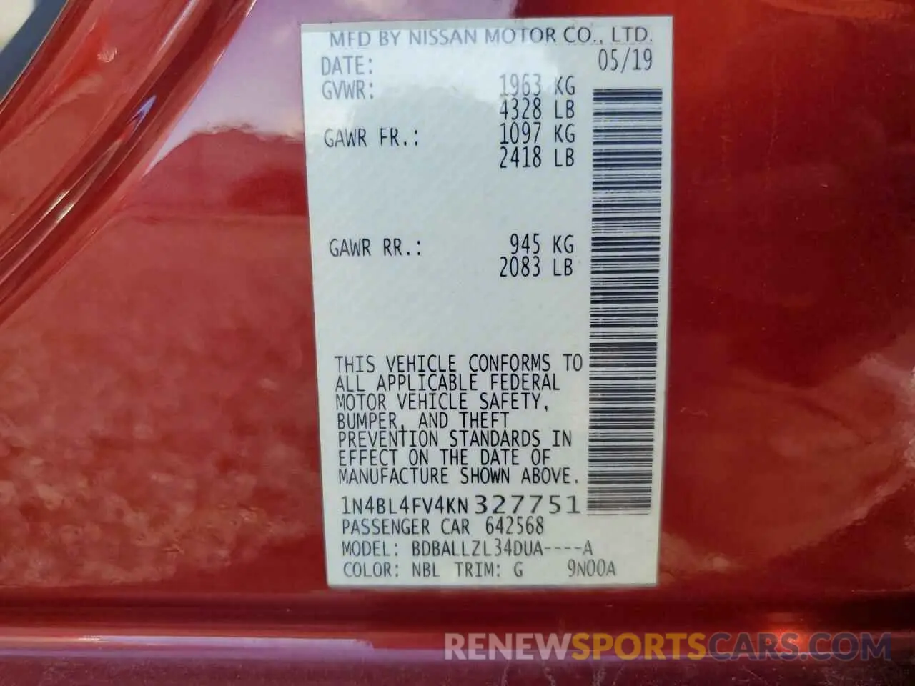 14 Photograph of a damaged car 1N4BL4FV4KN327751 NISSAN ALTIMA 2019