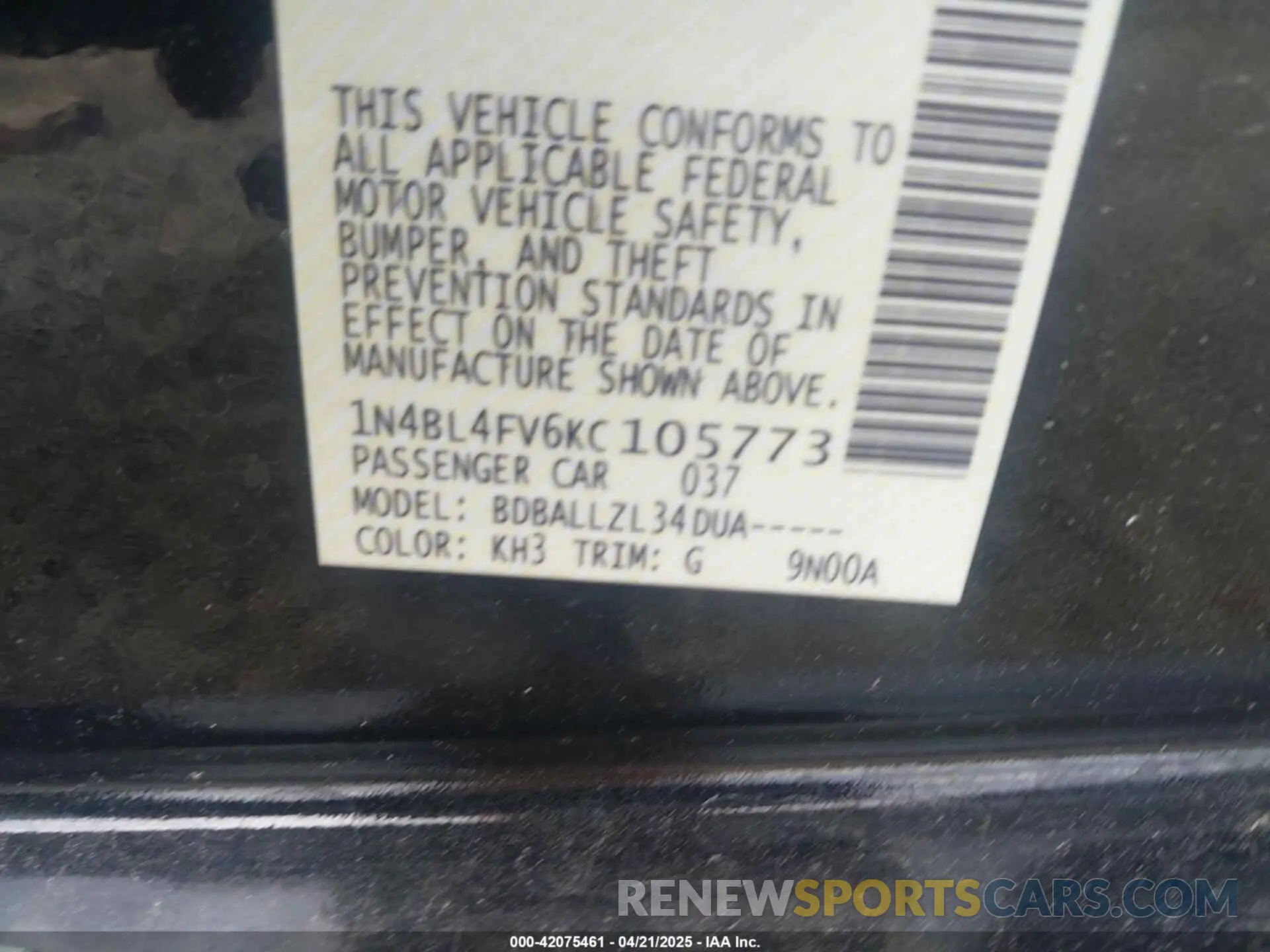 9 Photograph of a damaged car 1N4BL4FV6KC105773 NISSAN ALTIMA 2019