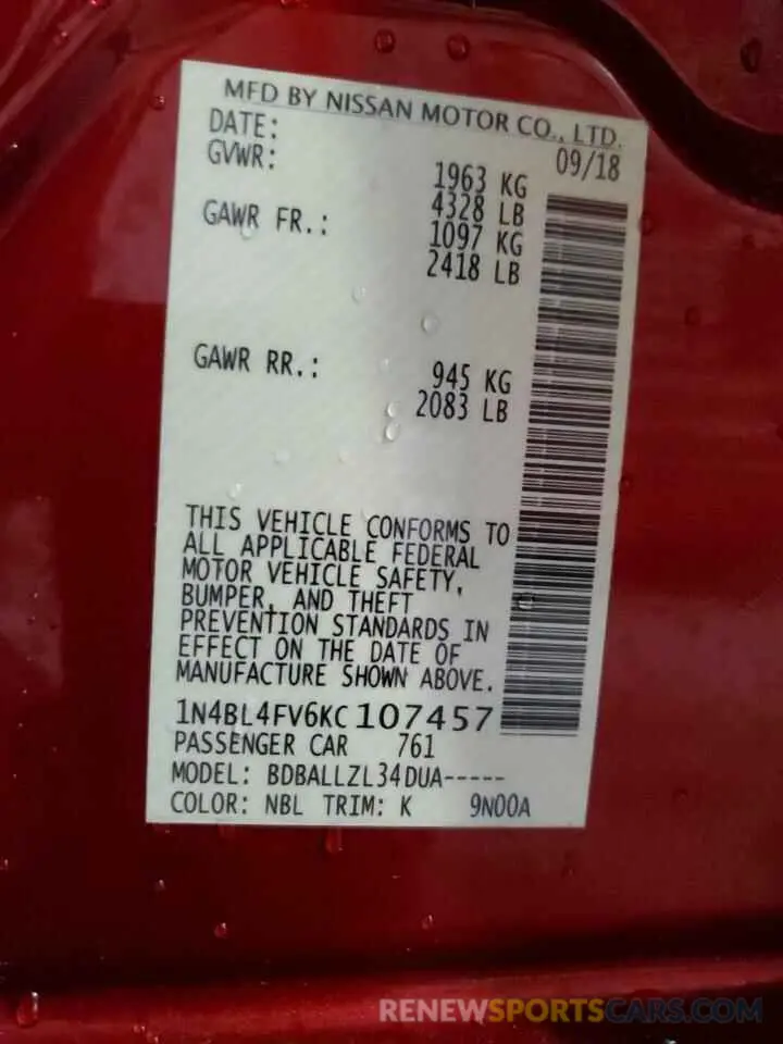 13 Photograph of a damaged car 1N4BL4FV6KC107457 NISSAN ALTIMA 2019