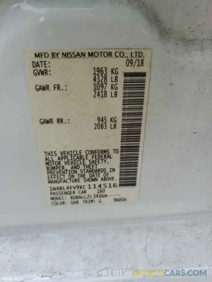 12 Photograph of a damaged car 1N4BL4FV9KC114516 NISSAN ALTIMA 2019