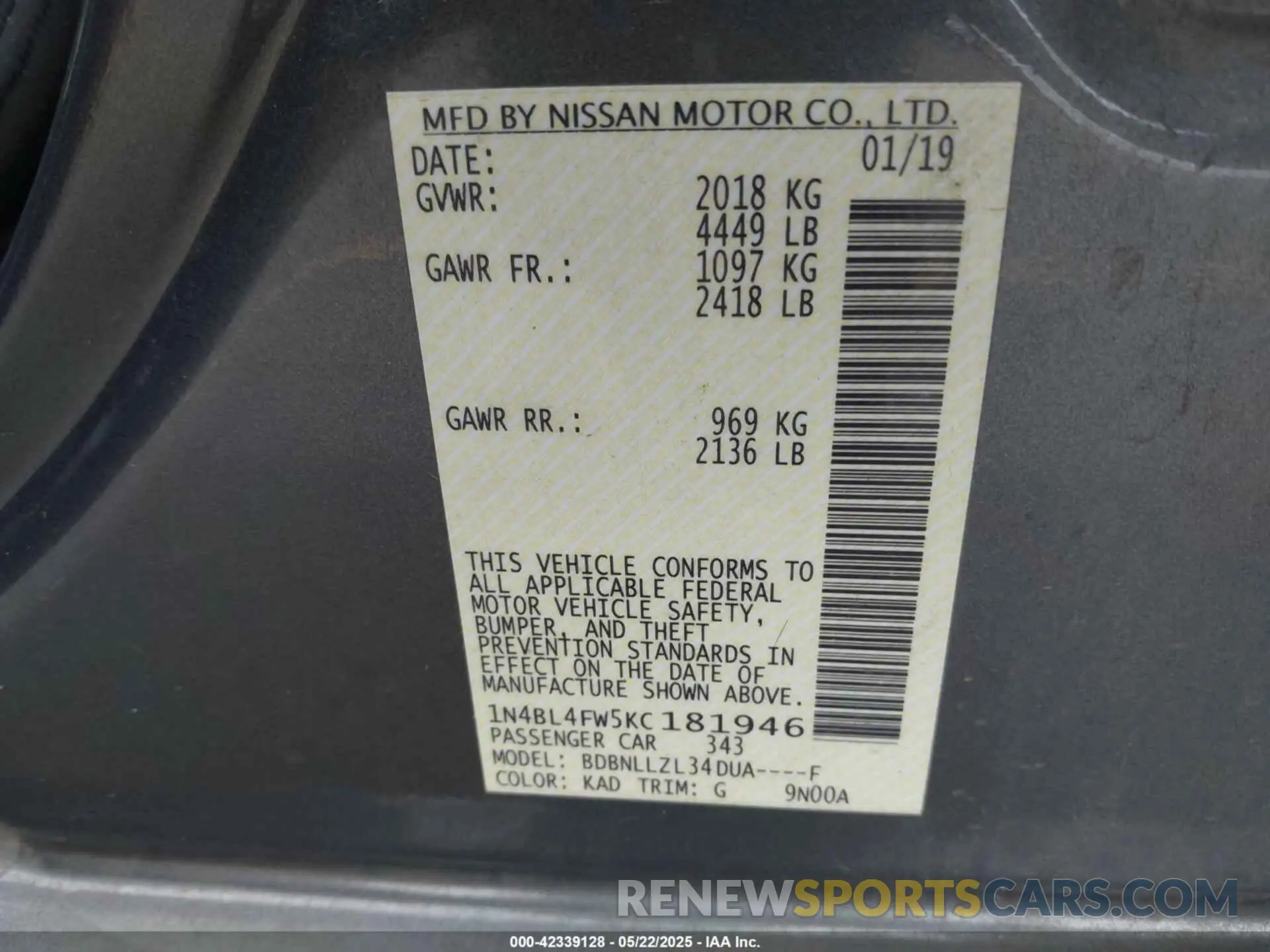 9 Photograph of a damaged car 1N4BL4FW5KC181946 NISSAN ALTIMA 2019