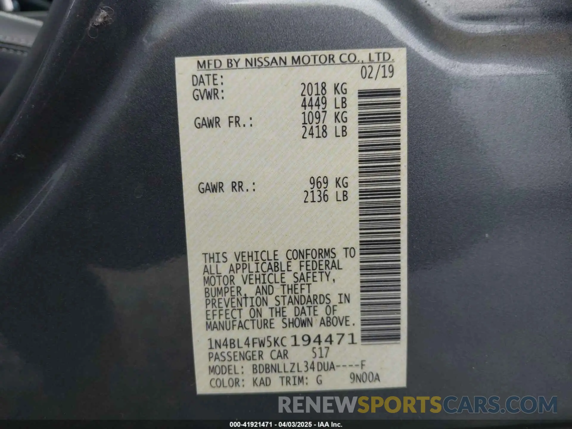 9 Photograph of a damaged car 1N4BL4FW5KC194471 NISSAN ALTIMA 2019
