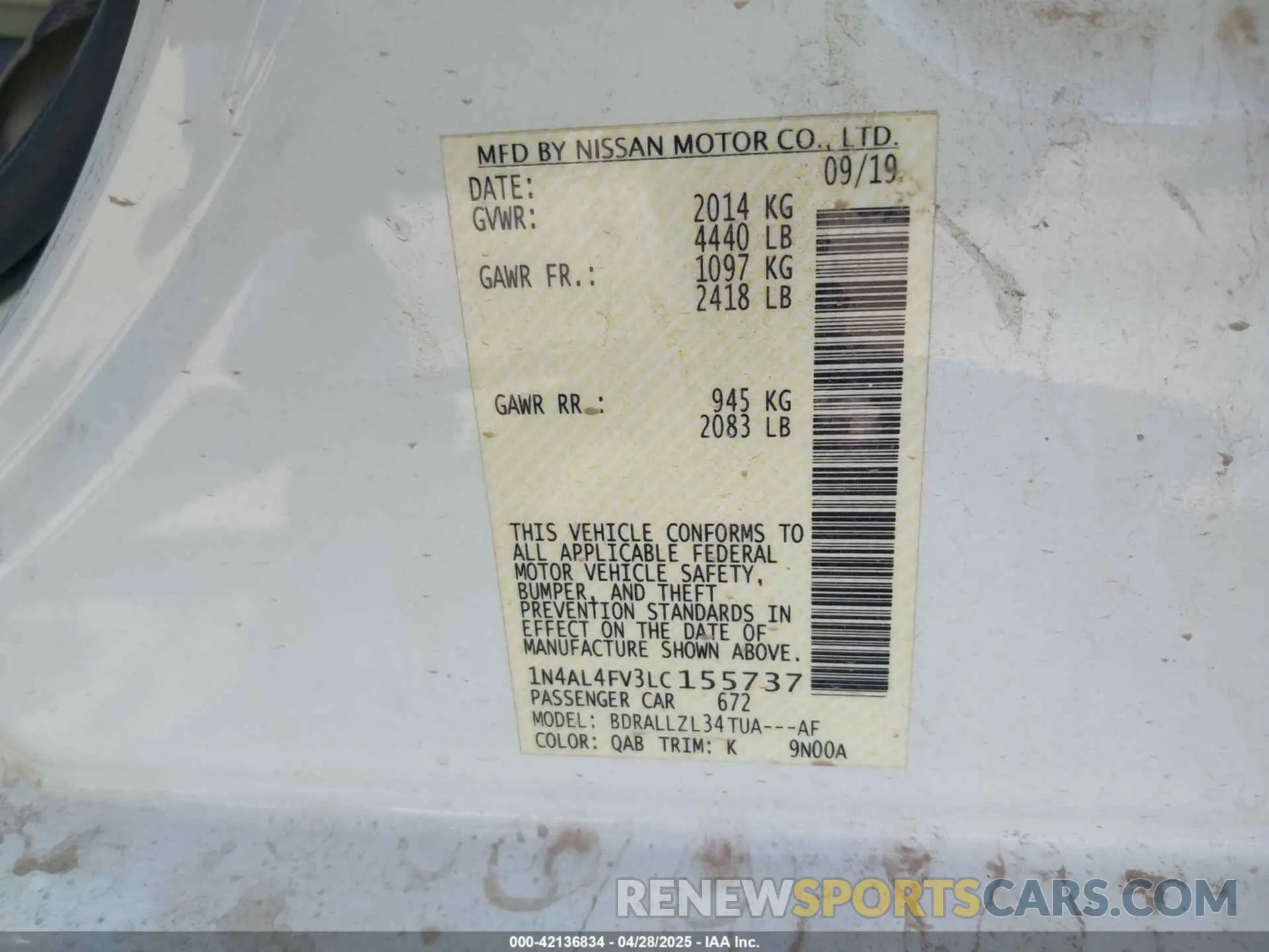 9 Photograph of a damaged car 1N4AL4FV3LC155737 NISSAN ALTIMA 2020