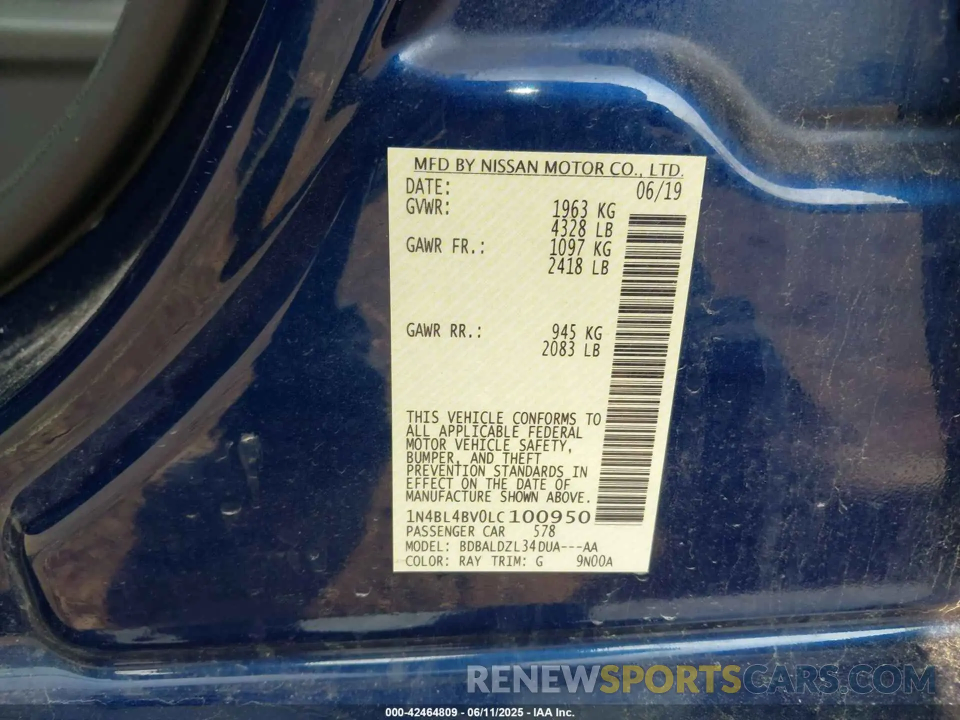 9 Photograph of a damaged car 1N4BL4BV0LC100950 NISSAN ALTIMA 2020
