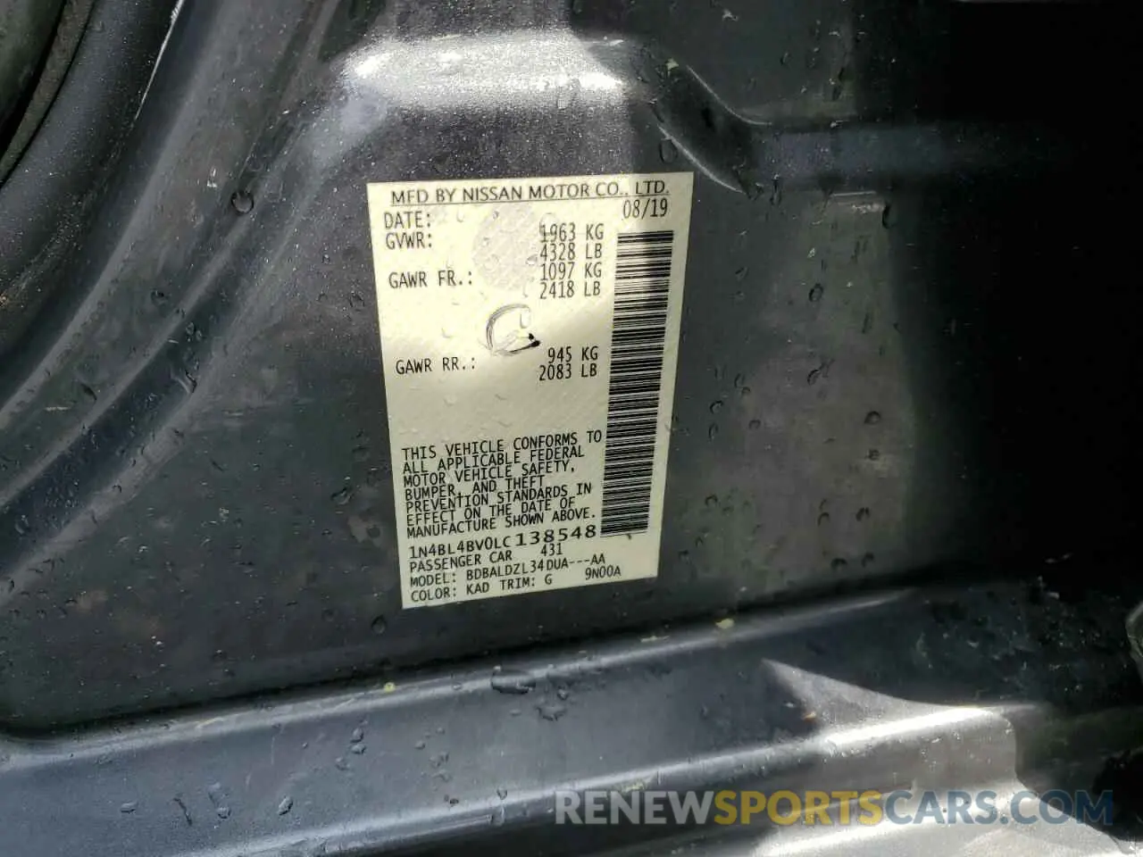 12 Photograph of a damaged car 1N4BL4BV0LC138548 NISSAN ALTIMA 2020