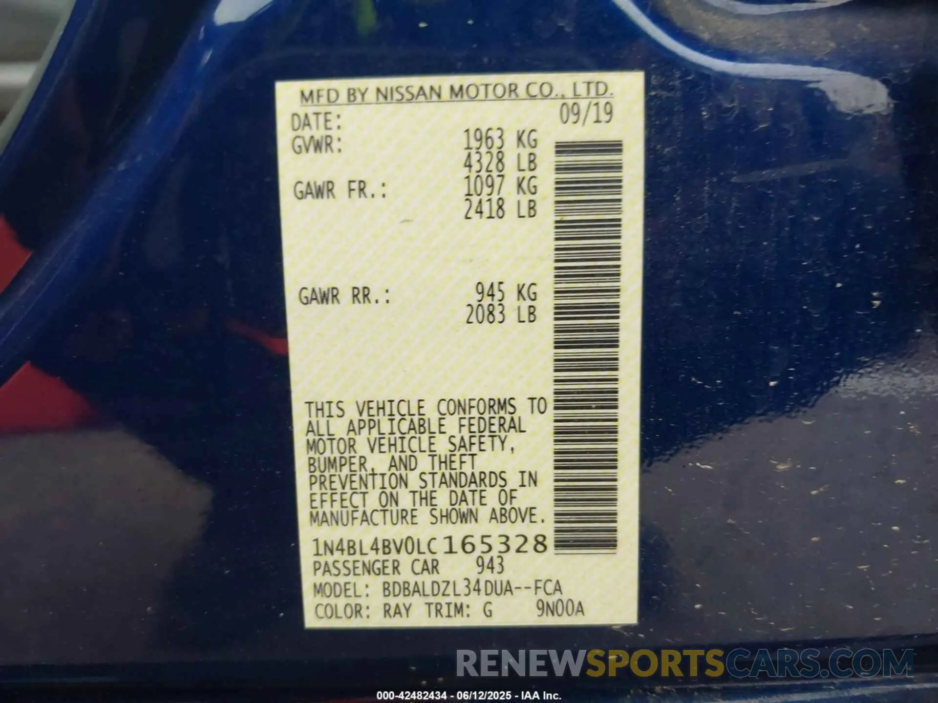 9 Photograph of a damaged car 1N4BL4BV0LC165328 NISSAN ALTIMA 2020