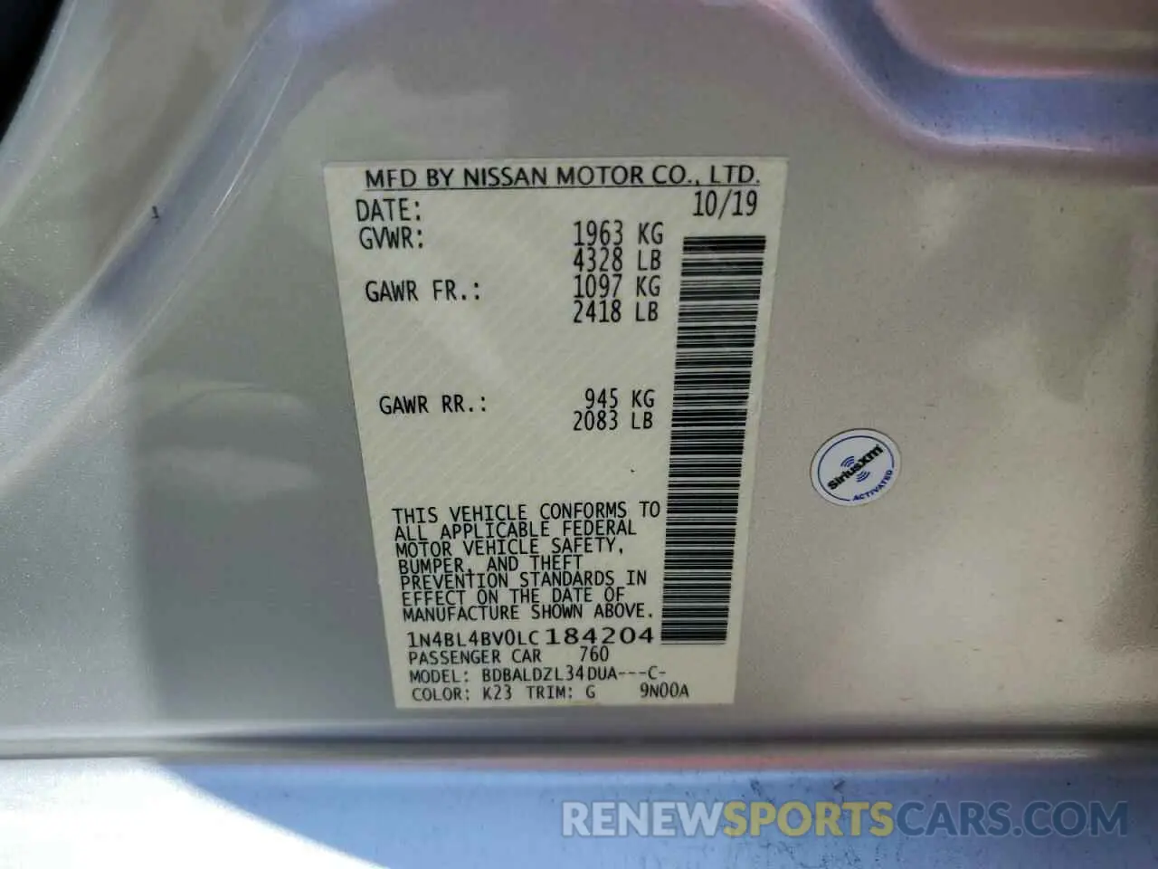 12 Photograph of a damaged car 1N4BL4BV0LC184204 NISSAN ALTIMA 2020