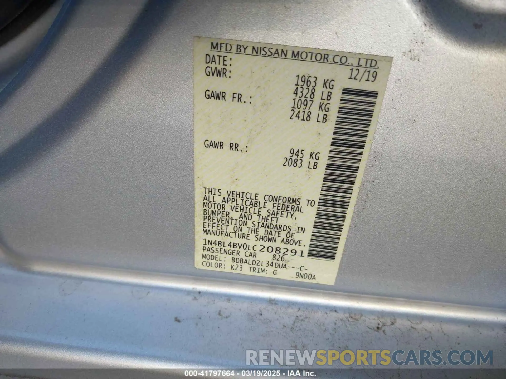 9 Photograph of a damaged car 1N4BL4BV0LC208291 NISSAN ALTIMA 2020