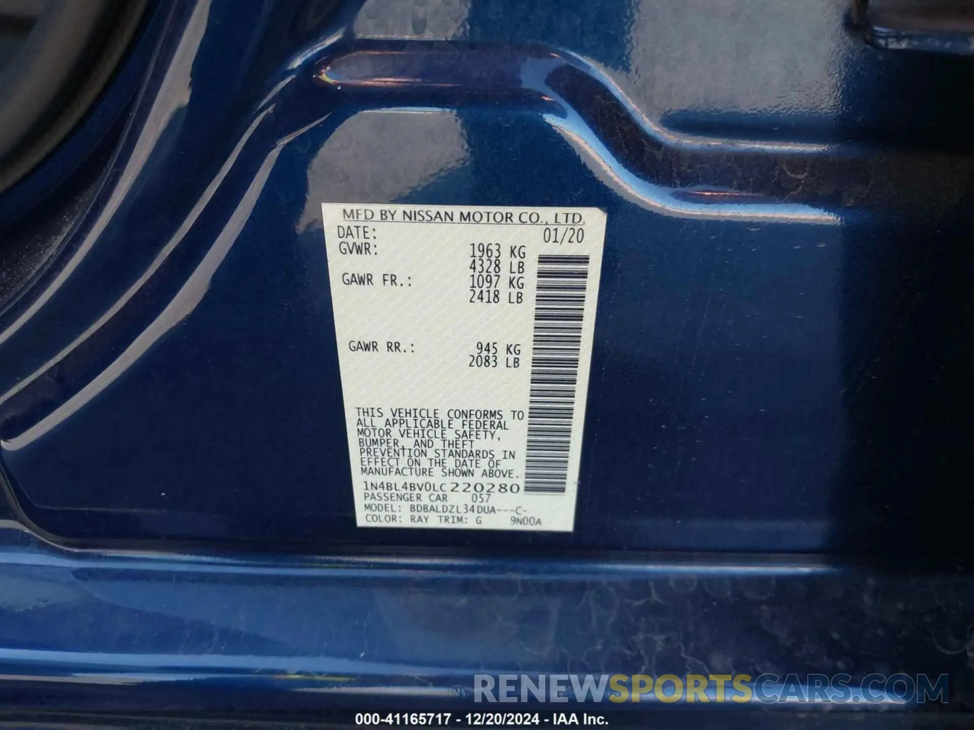 9 Photograph of a damaged car 1N4BL4BV0LC220280 NISSAN ALTIMA 2020