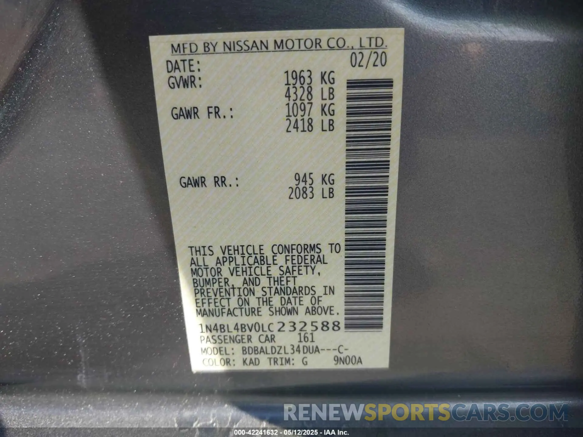 9 Photograph of a damaged car 1N4BL4BV0LC232588 NISSAN ALTIMA 2020