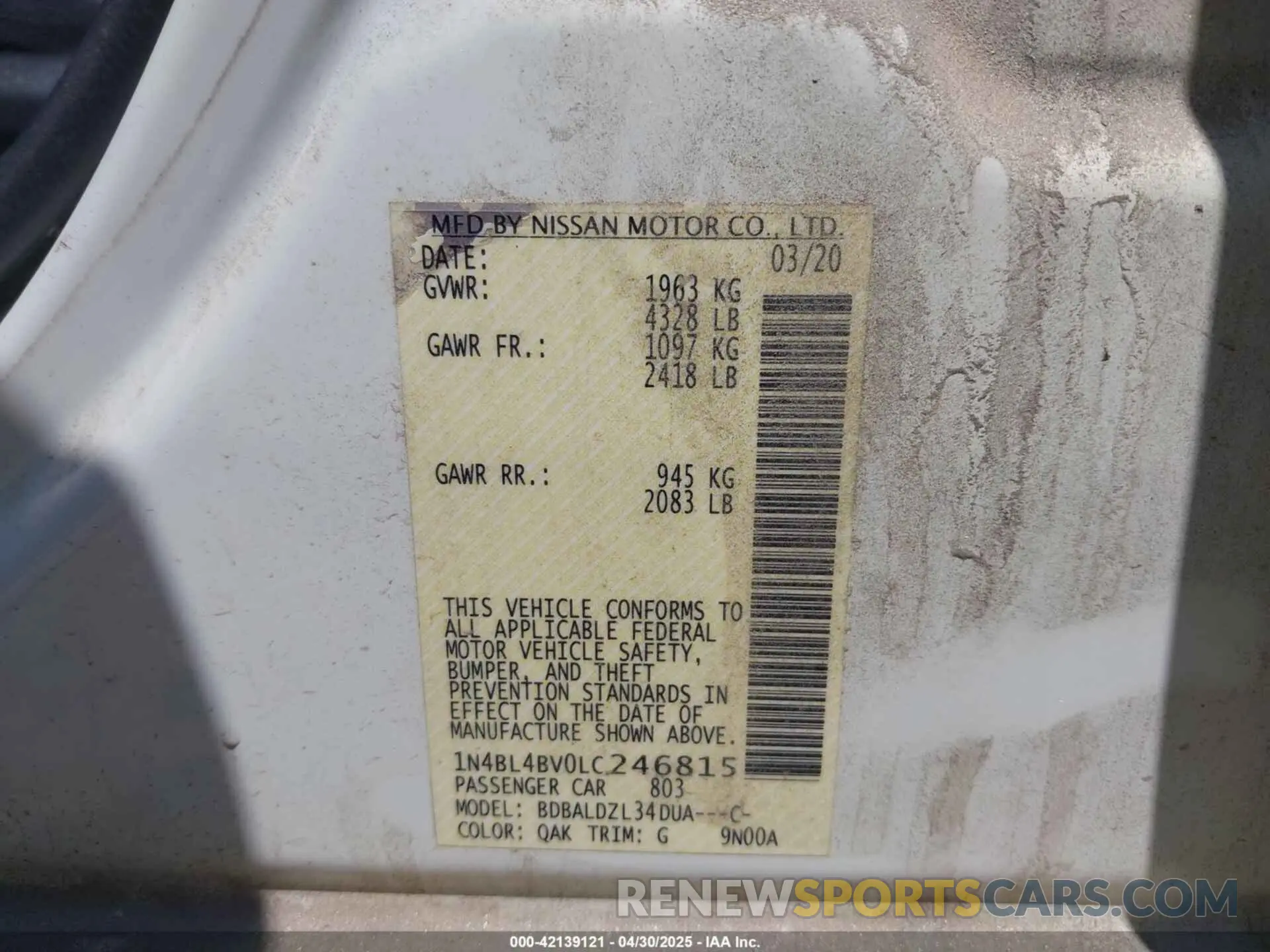 9 Photograph of a damaged car 1N4BL4BV0LC246815 NISSAN ALTIMA 2020