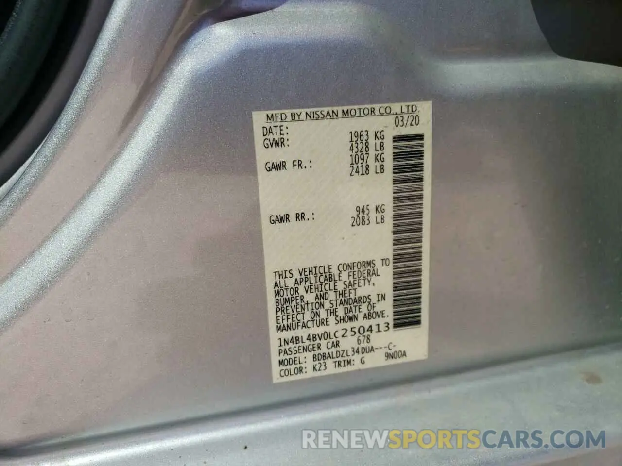 14 Photograph of a damaged car 1N4BL4BV0LC250413 NISSAN ALTIMA 2020
