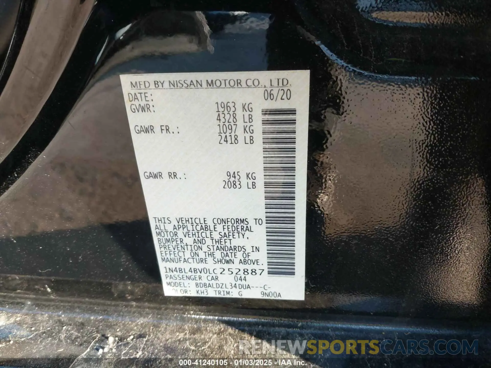 9 Photograph of a damaged car 1N4BL4BV0LC252887 NISSAN ALTIMA 2020