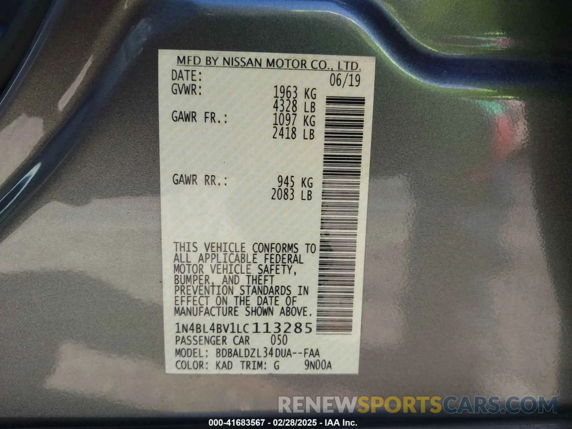 9 Photograph of a damaged car 1N4BL4BV1LC113285 NISSAN ALTIMA 2020