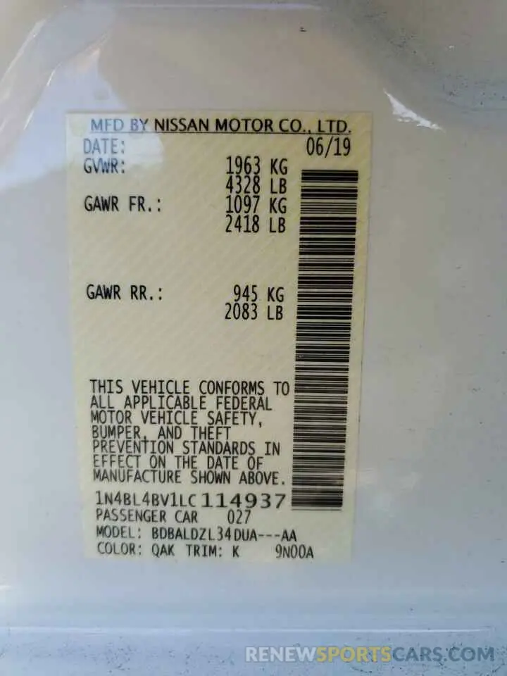 12 Photograph of a damaged car 1N4BL4BV1LC114937 NISSAN ALTIMA 2020
