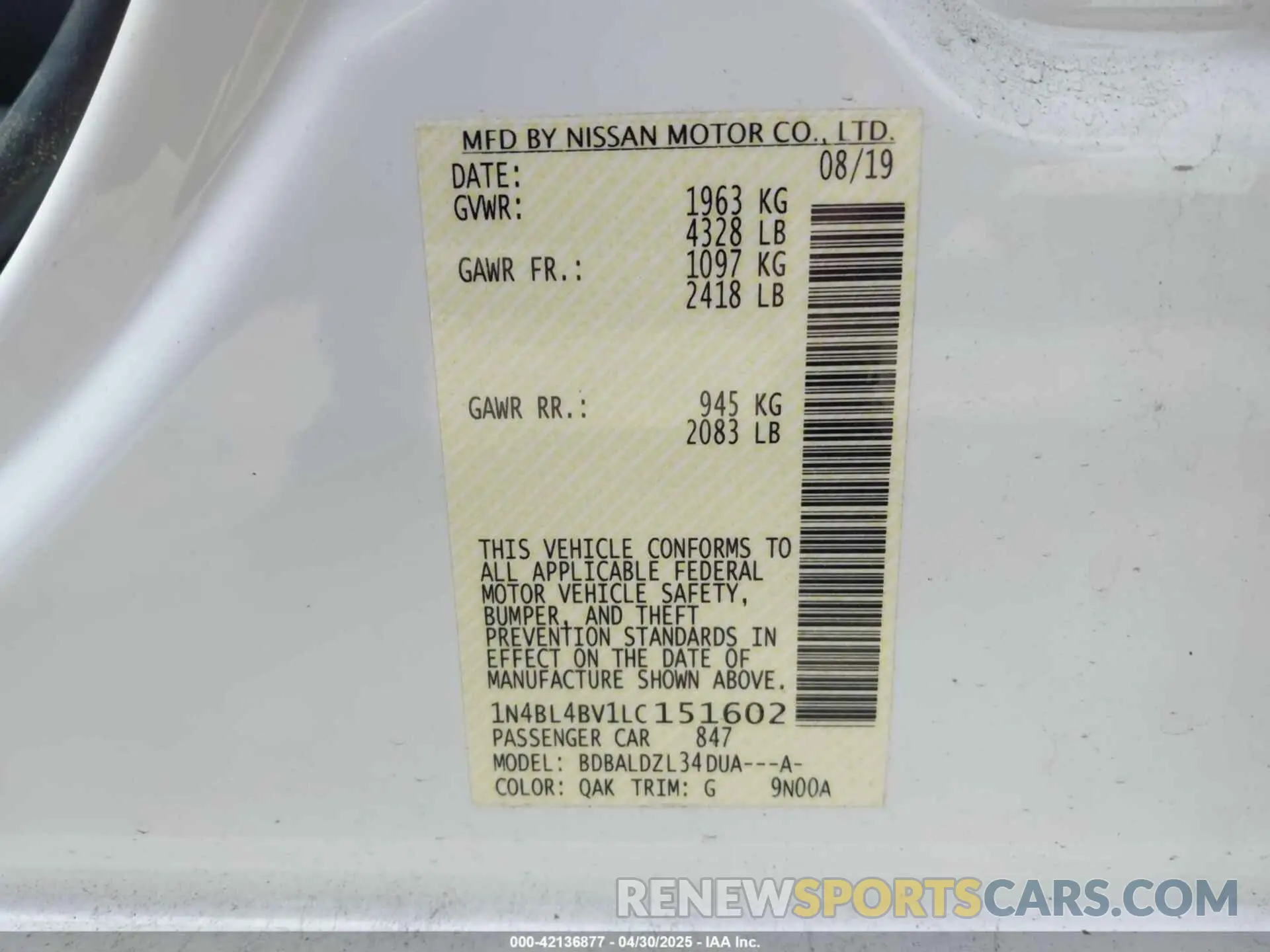9 Photograph of a damaged car 1N4BL4BV1LC151602 NISSAN ALTIMA 2020