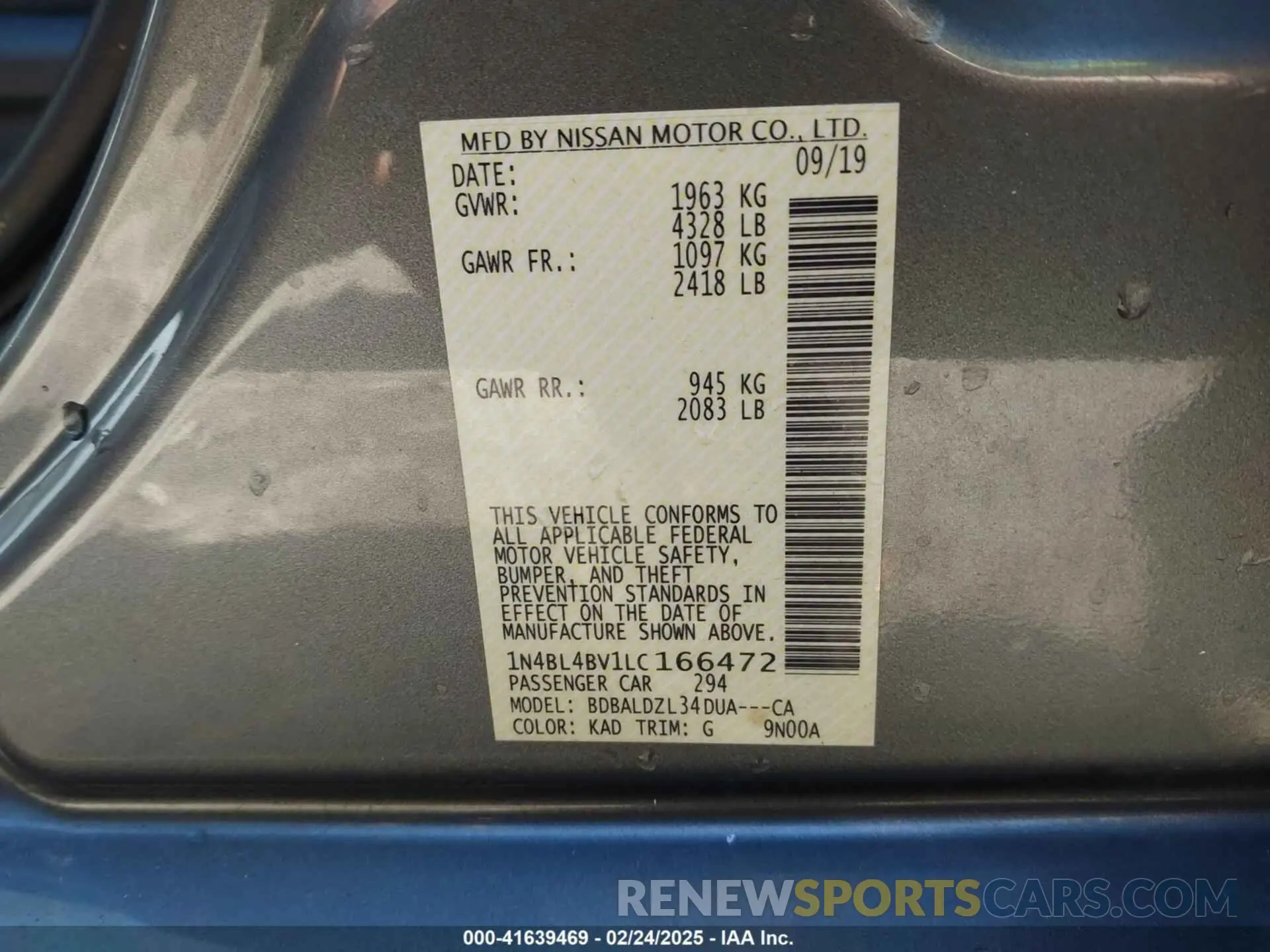 9 Photograph of a damaged car 1N4BL4BV1LC166472 NISSAN ALTIMA 2020