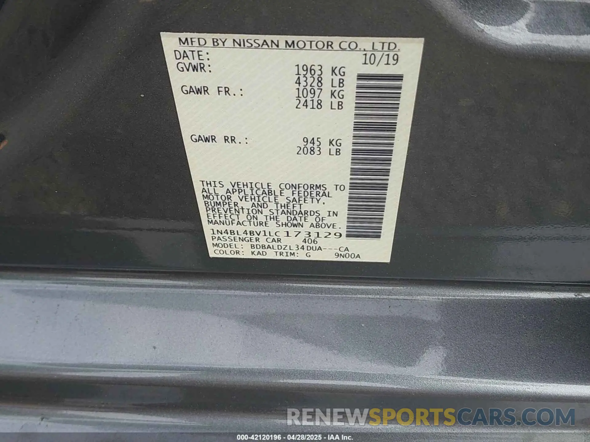 9 Photograph of a damaged car 1N4BL4BV1LC173129 NISSAN ALTIMA 2020