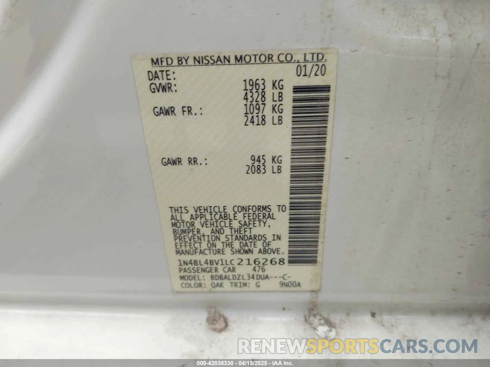 9 Photograph of a damaged car 1N4BL4BV1LC216268 NISSAN ALTIMA 2020