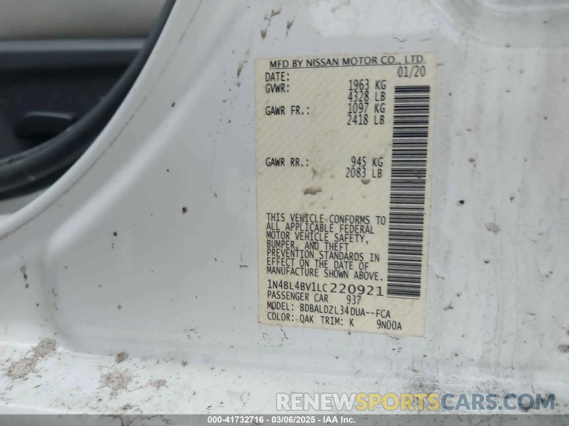 9 Photograph of a damaged car 1N4BL4BV1LC220921 NISSAN ALTIMA 2020