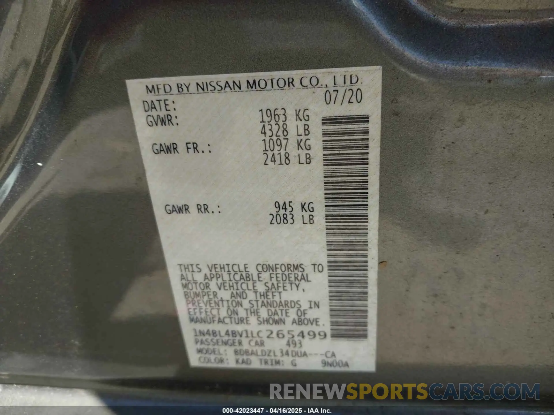 9 Photograph of a damaged car 1N4BL4BV1LC265499 NISSAN ALTIMA 2020