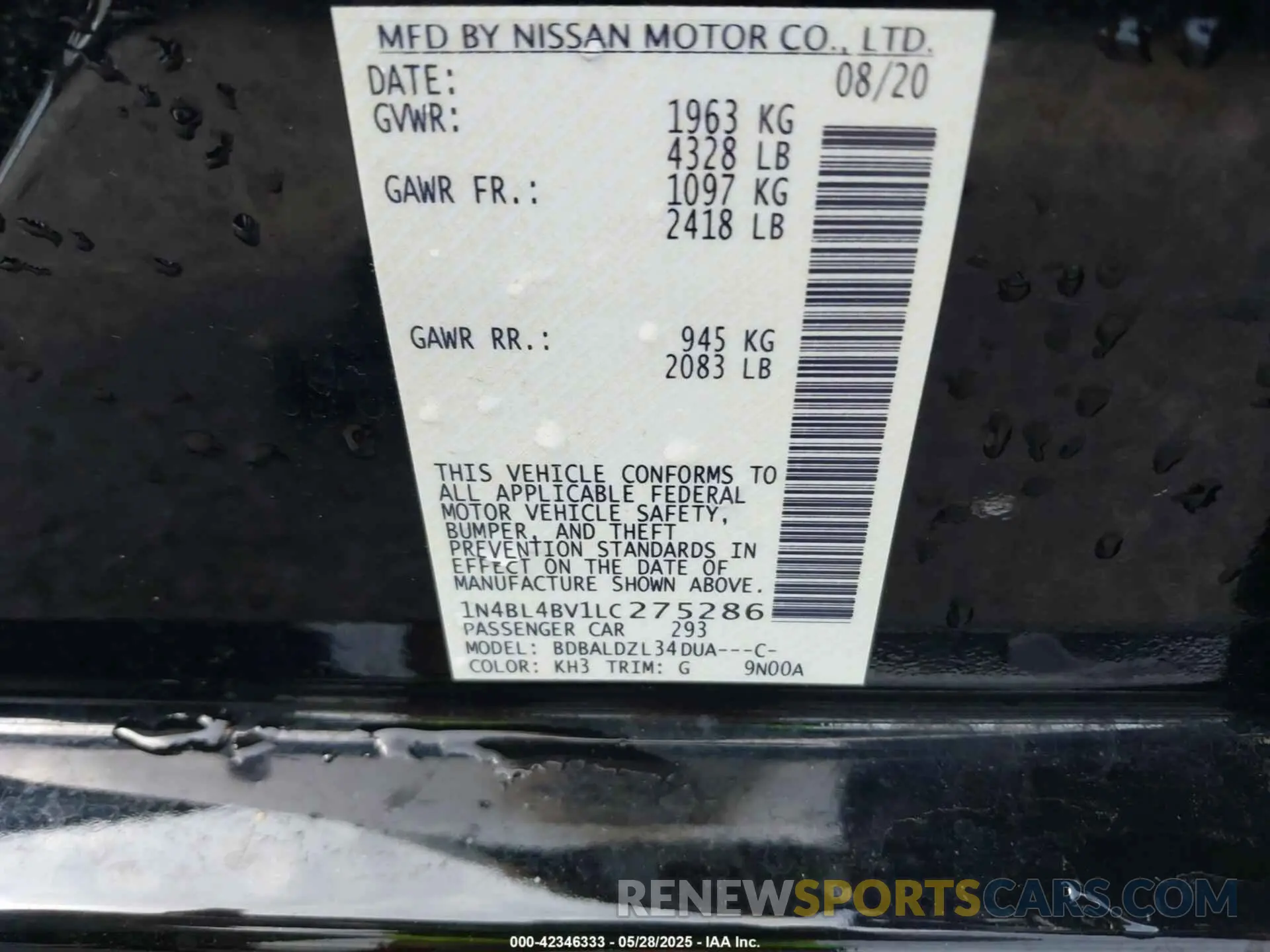 9 Photograph of a damaged car 1N4BL4BV1LC275286 NISSAN ALTIMA 2020
