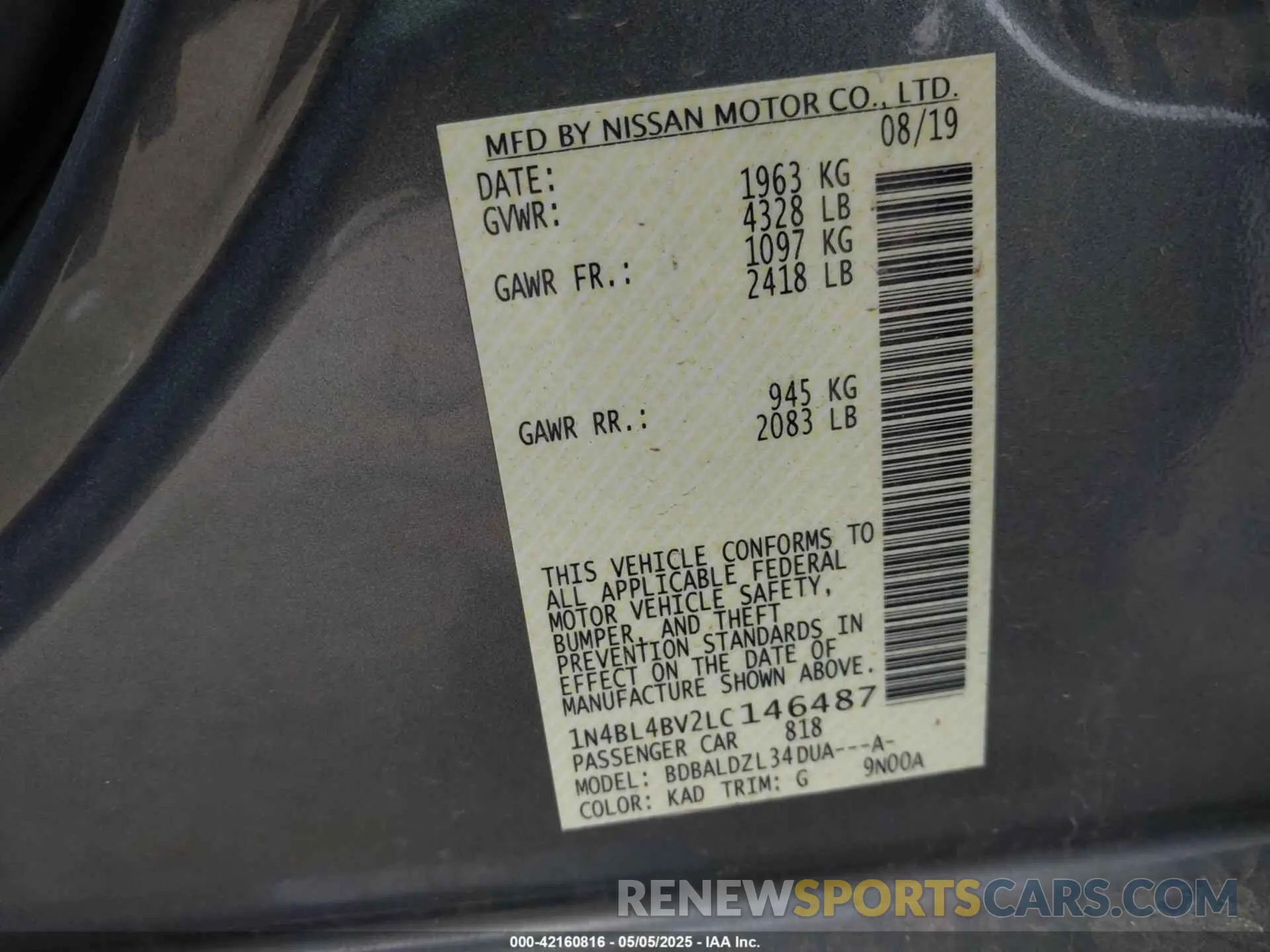 9 Photograph of a damaged car 1N4BL4BV2LC146487 NISSAN ALTIMA 2020