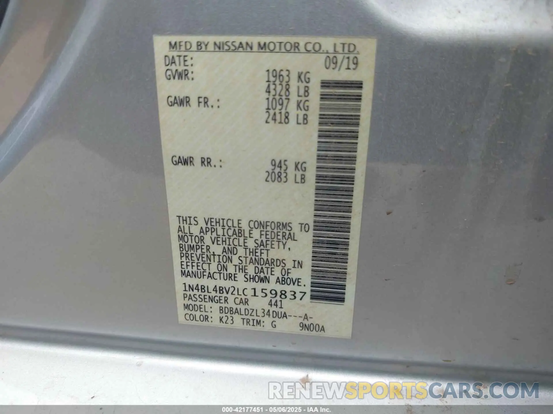 9 Photograph of a damaged car 1N4BL4BV2LC159837 NISSAN ALTIMA 2020
