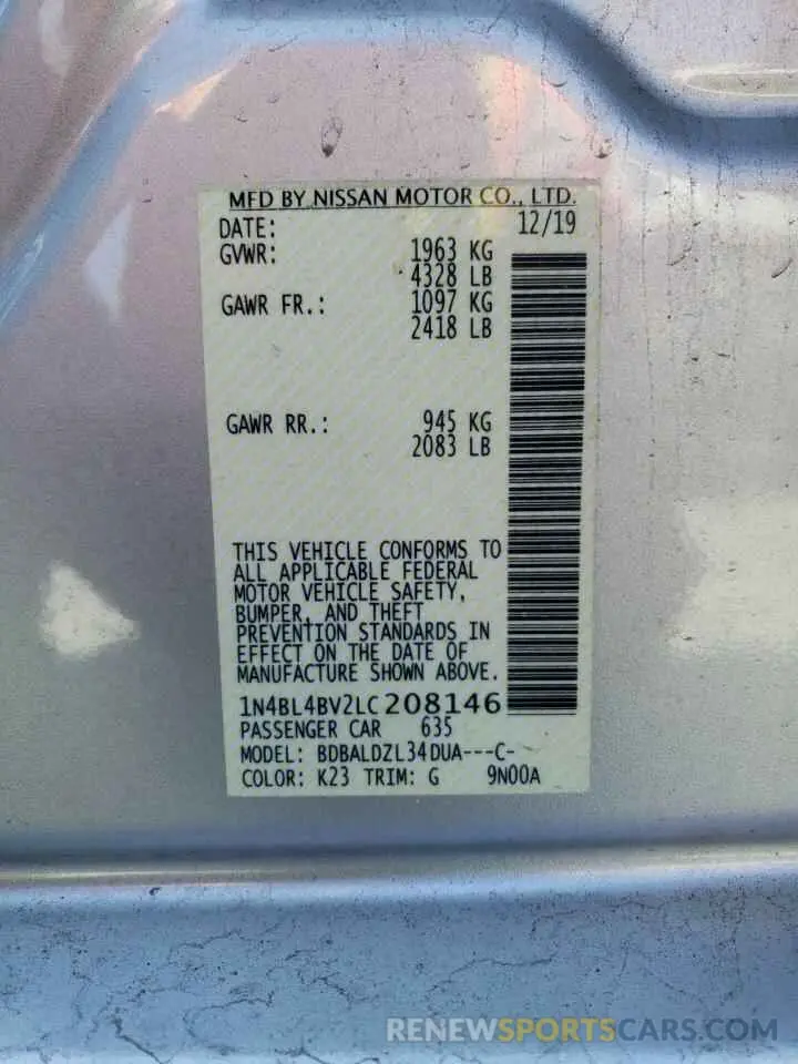 12 Photograph of a damaged car 1N4BL4BV2LC208146 NISSAN ALTIMA 2020