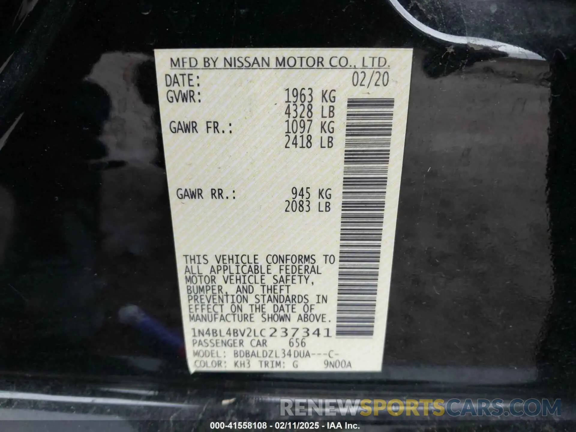 9 Photograph of a damaged car 1N4BL4BV2LC237341 NISSAN ALTIMA 2020